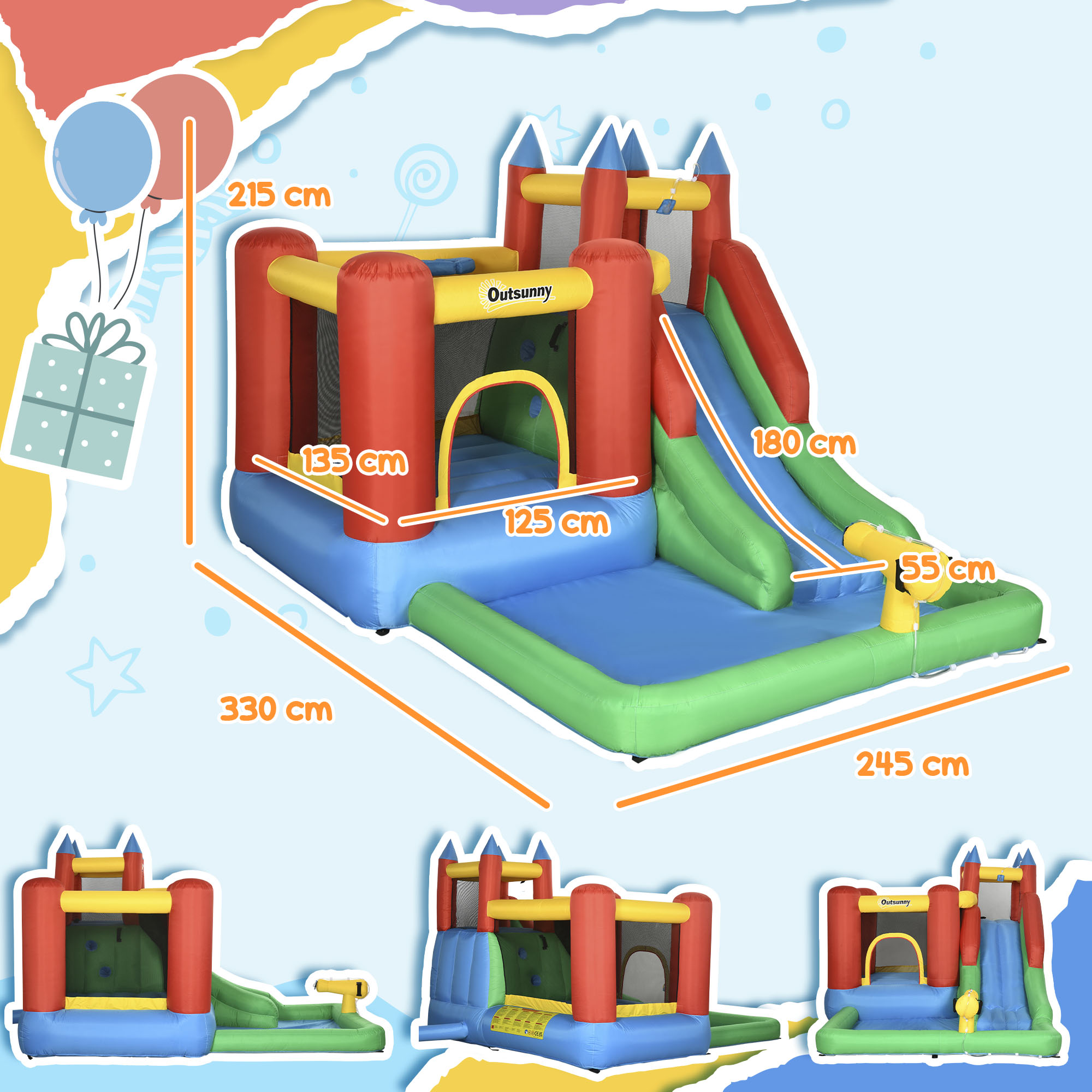 Parque acuático inflable con tobogán, piscina y diseño de castillo. Las dimensiones están etiquetadas en cm. Se muestran globos y una caja de regalo.