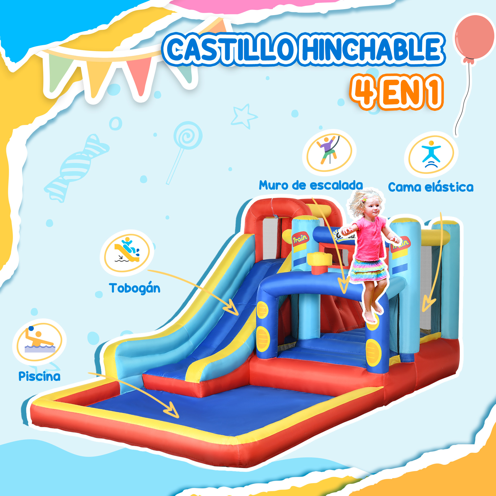 Un castillo hinchable con tobogán, muro de escalada, cama elástica y piscina. Una niña salta. Diseño colorido con etiquetas.