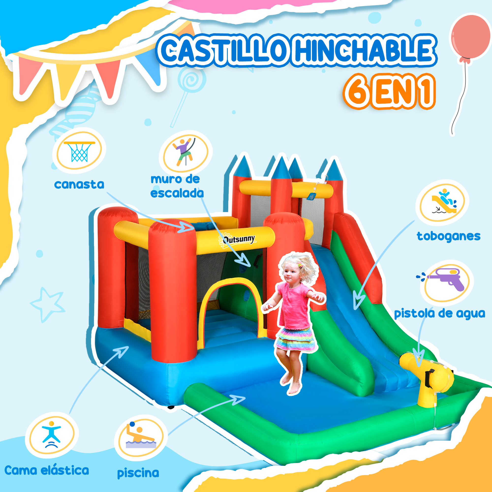 Un castillo inflable con tobogán, pistola de agua y otras áreas de juego. Una niña está parada frente a él.