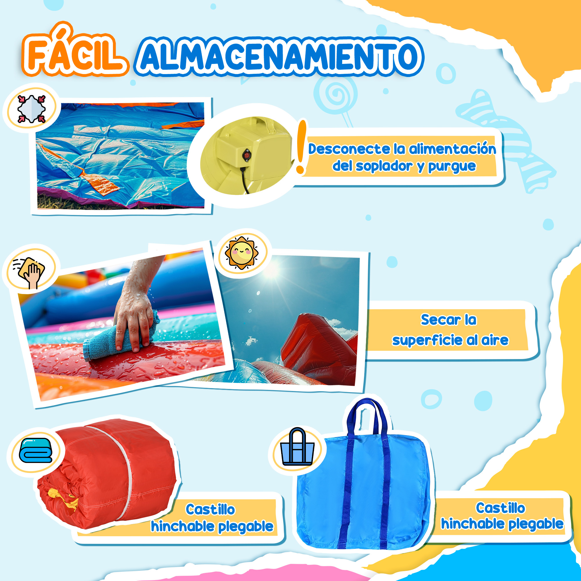 Imagen instructiva sobre castillos hinchables, mostrando pasos: desconectar energía, secar superficie, guardar. Incluye texto en español.