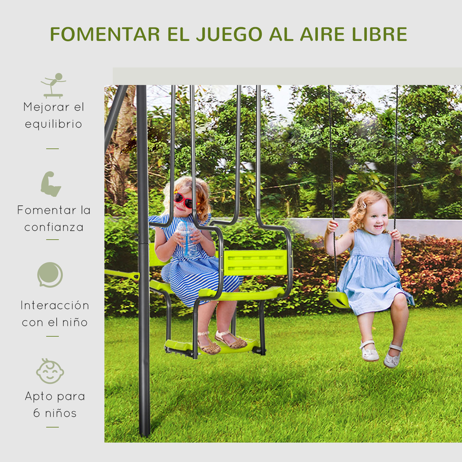 Dos niñas en columpios en un jardín verde. Una sostiene una bebida. El texto dice 'Fomenta el juego al aire libre', mejorando el equilibrio, confianza e interacción.