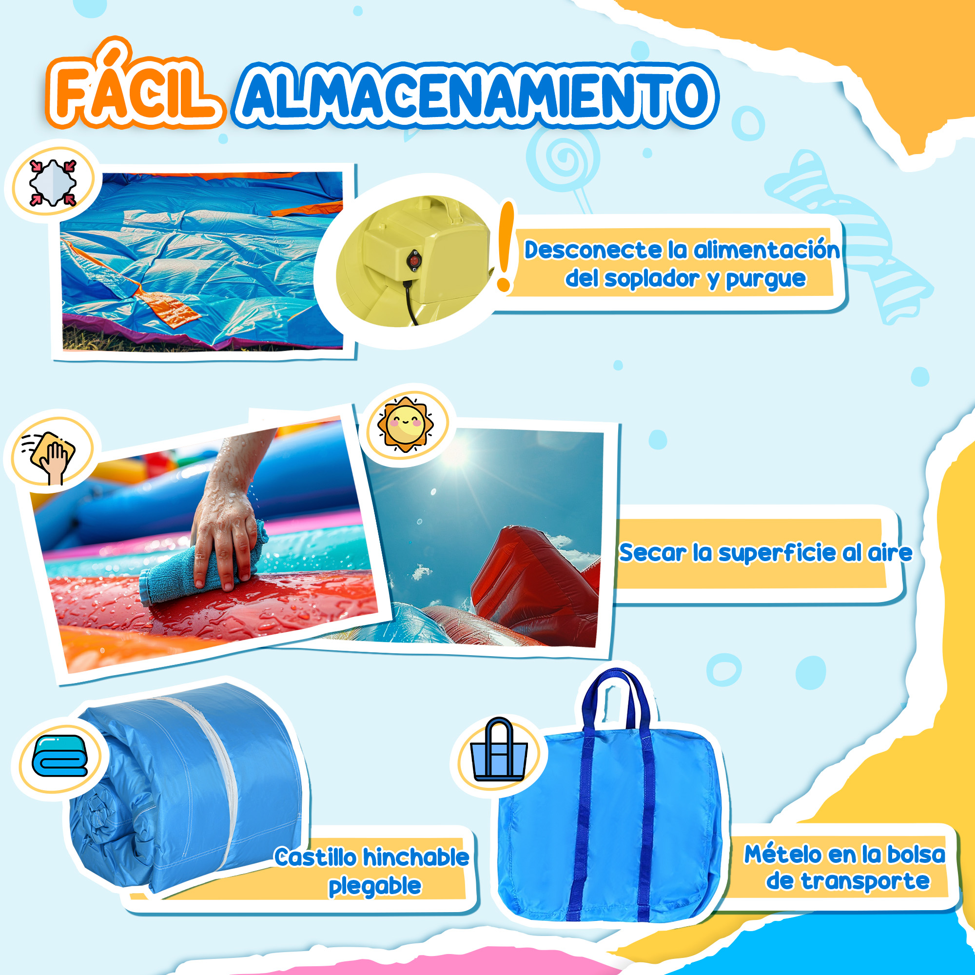 Instrucciones para guardar un castillo hinchable: desconectar la energía, secar la superficie, plegarlo y meterlo en la bolsa.