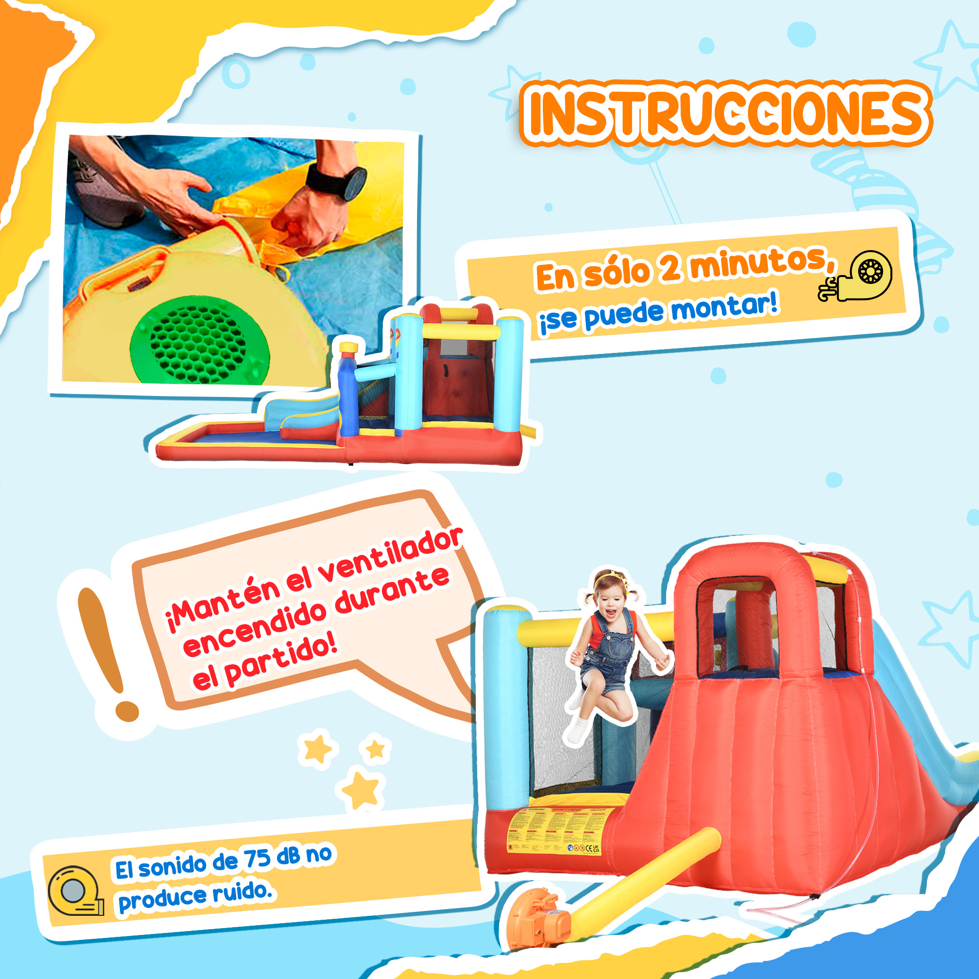 La imagen muestra instrucciones para un castillo hinchable. Un niño salta. Textos en español explican el montaje y los niveles de sonido.