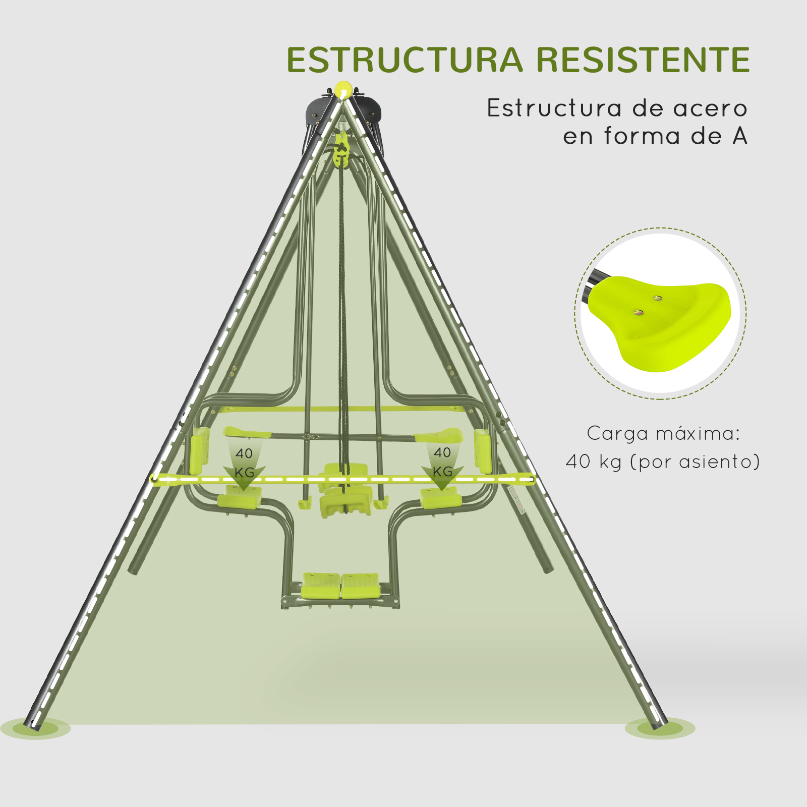 Un columpio en forma de A con asientos verdes. El texto indica estructura de acero, límite de peso de 40 kg por asiento.