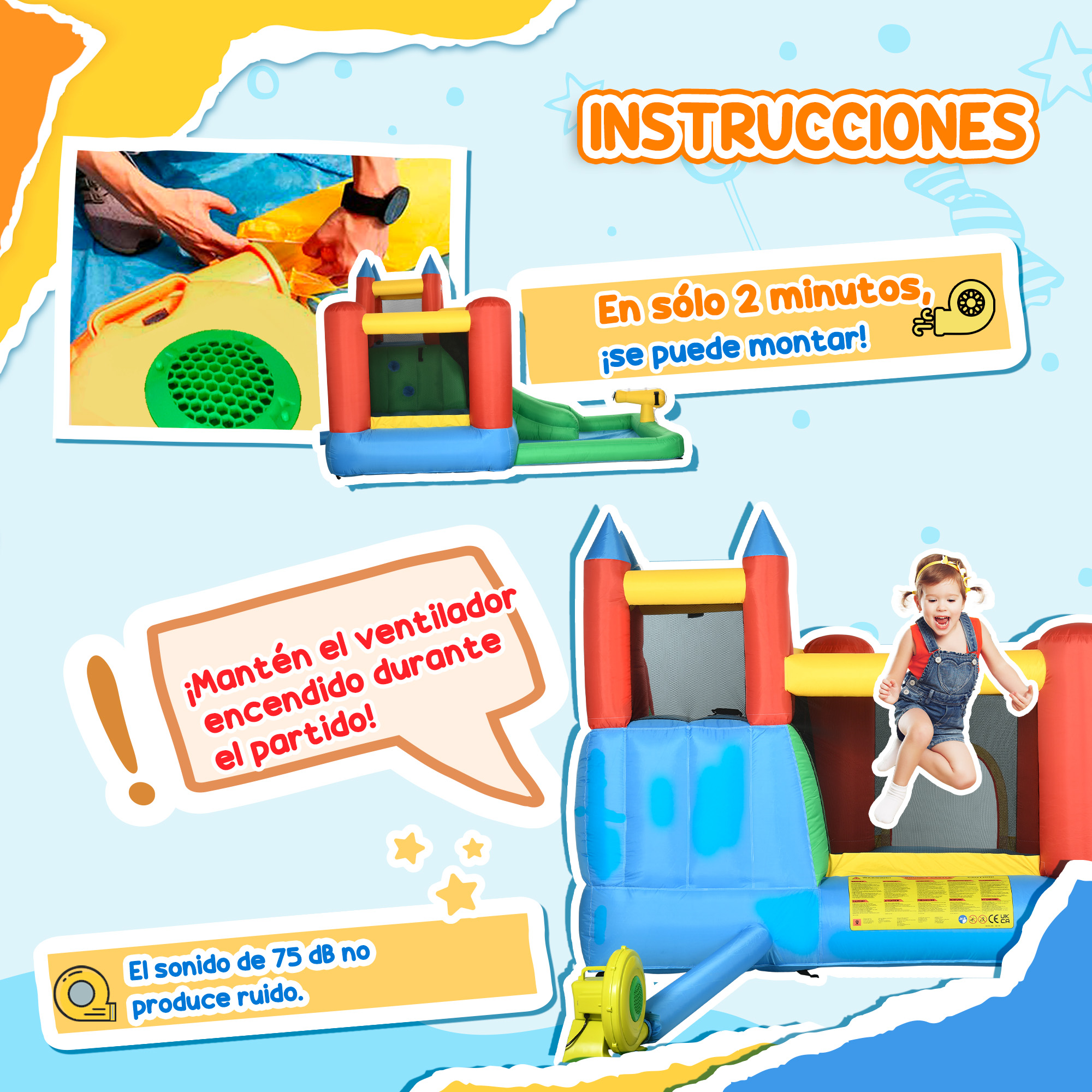 La imagen muestra instrucciones de un castillo inflable. Destaca el tiempo de montaje, el uso del ventilador y el nivel de ruido. Un niño salta.