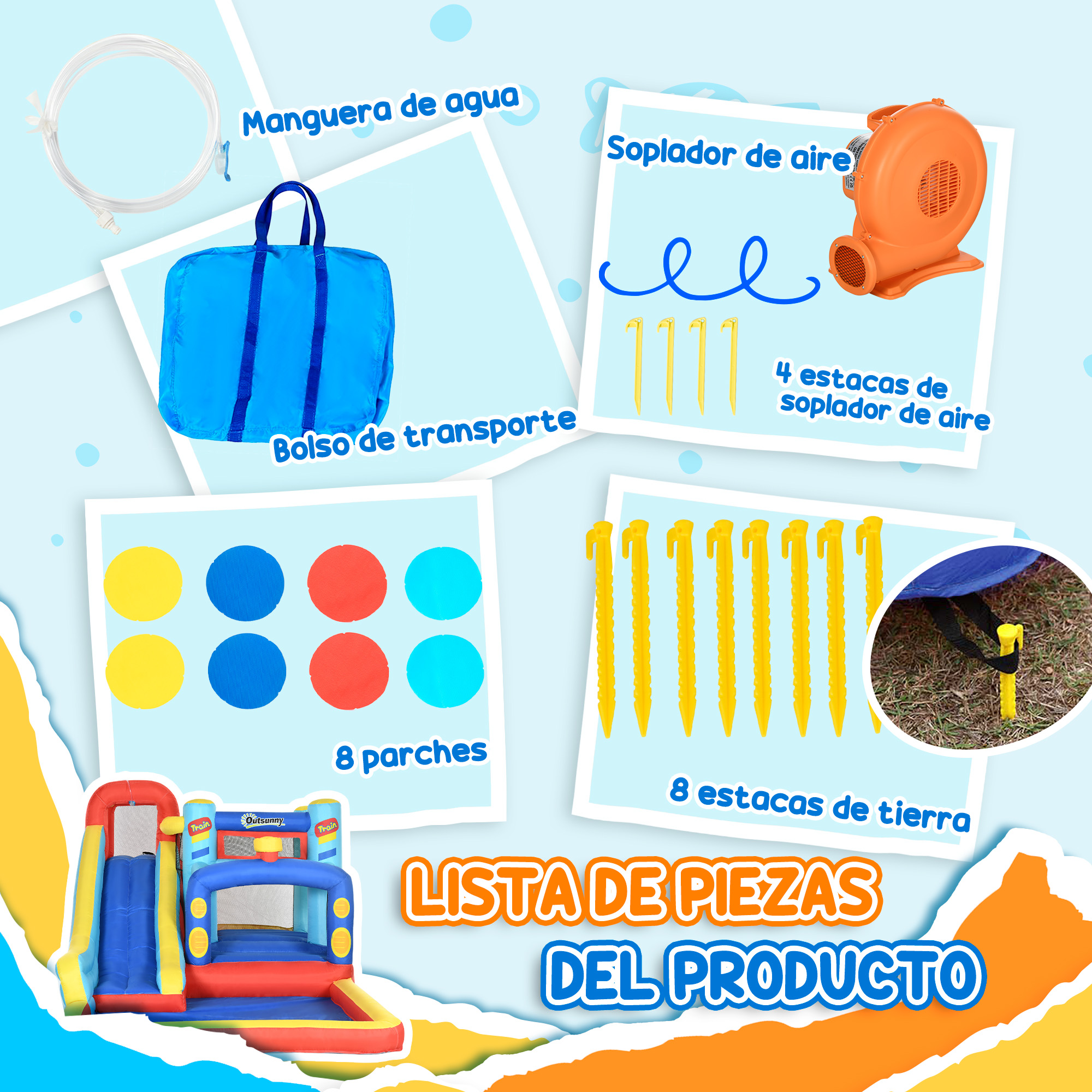 La imagen muestra partes de una estructura de juego inflable: una manguera de agua, una bolsa azul, un soplador naranja, parches y estacas.