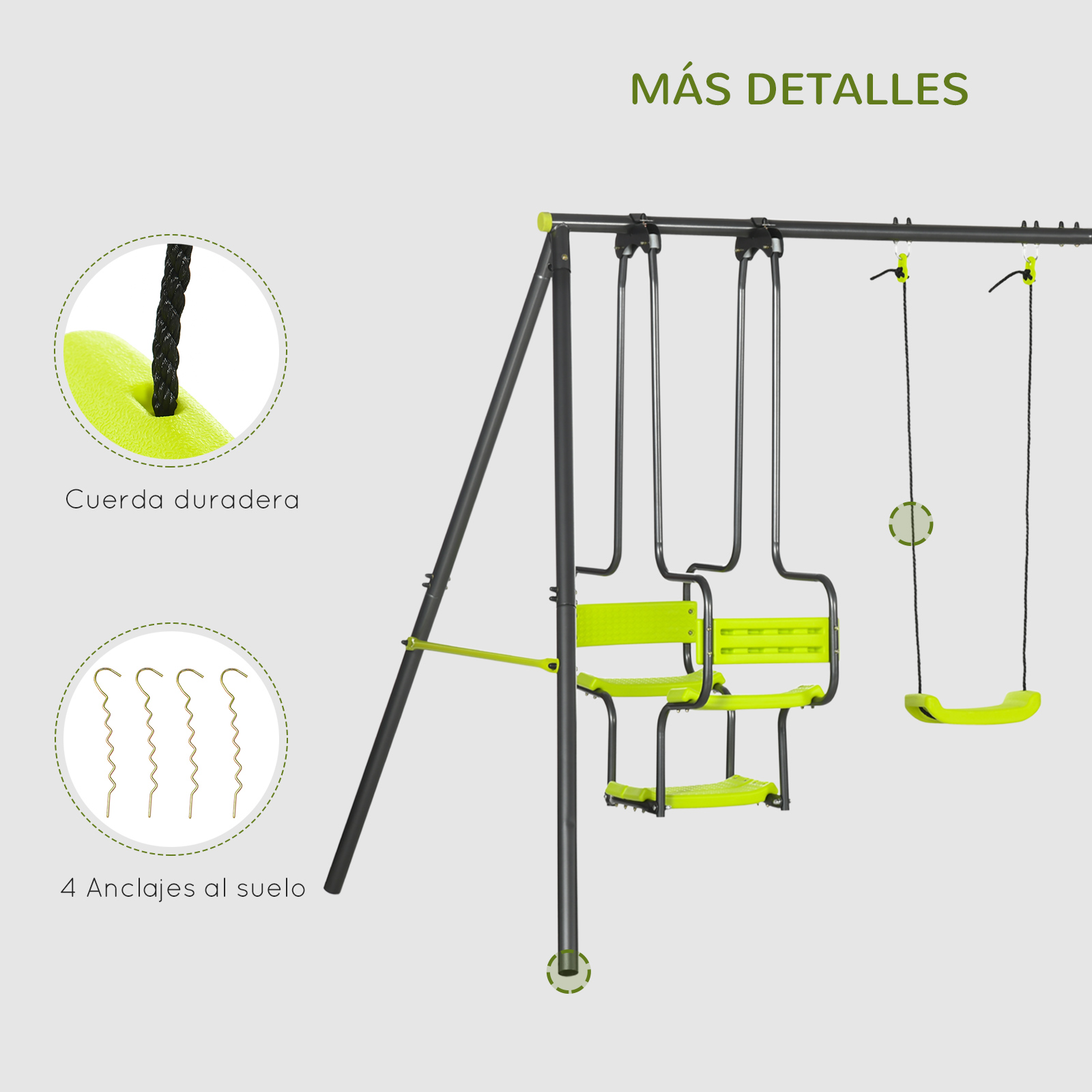 Un columpio verde y negro. Tiene tres asientos con cuerda duradera y cuatro anclajes al suelo.