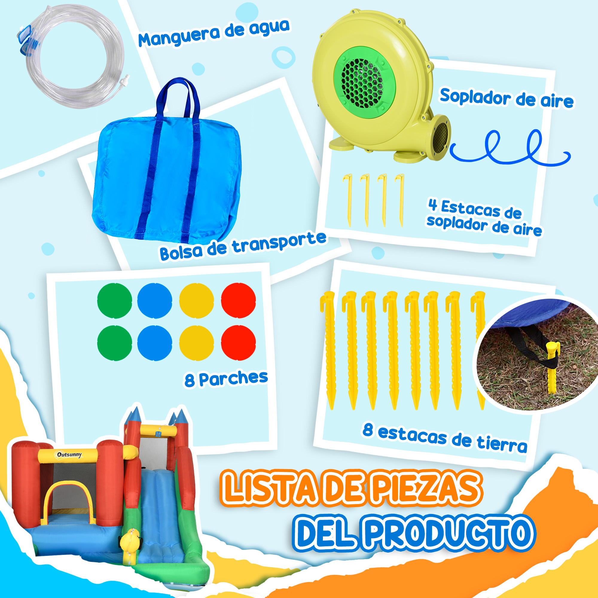 Diagrama de piezas de casa inflable, incluyendo manguera, bolsa, soplador, estacas, parches y estacas de tierra.
