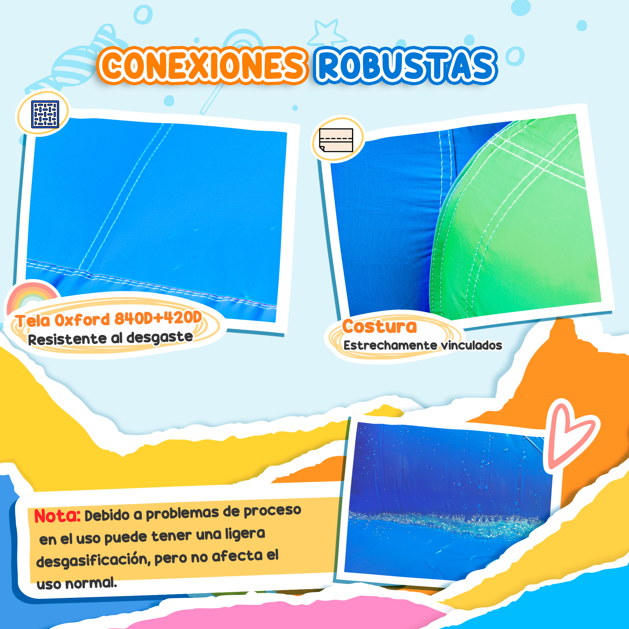 Imagen con texto sobre conexiones robustas, tejido Oxford y costuras estrechamente unidas. Una nota sobre la posible ligera desgasificación durante el uso.