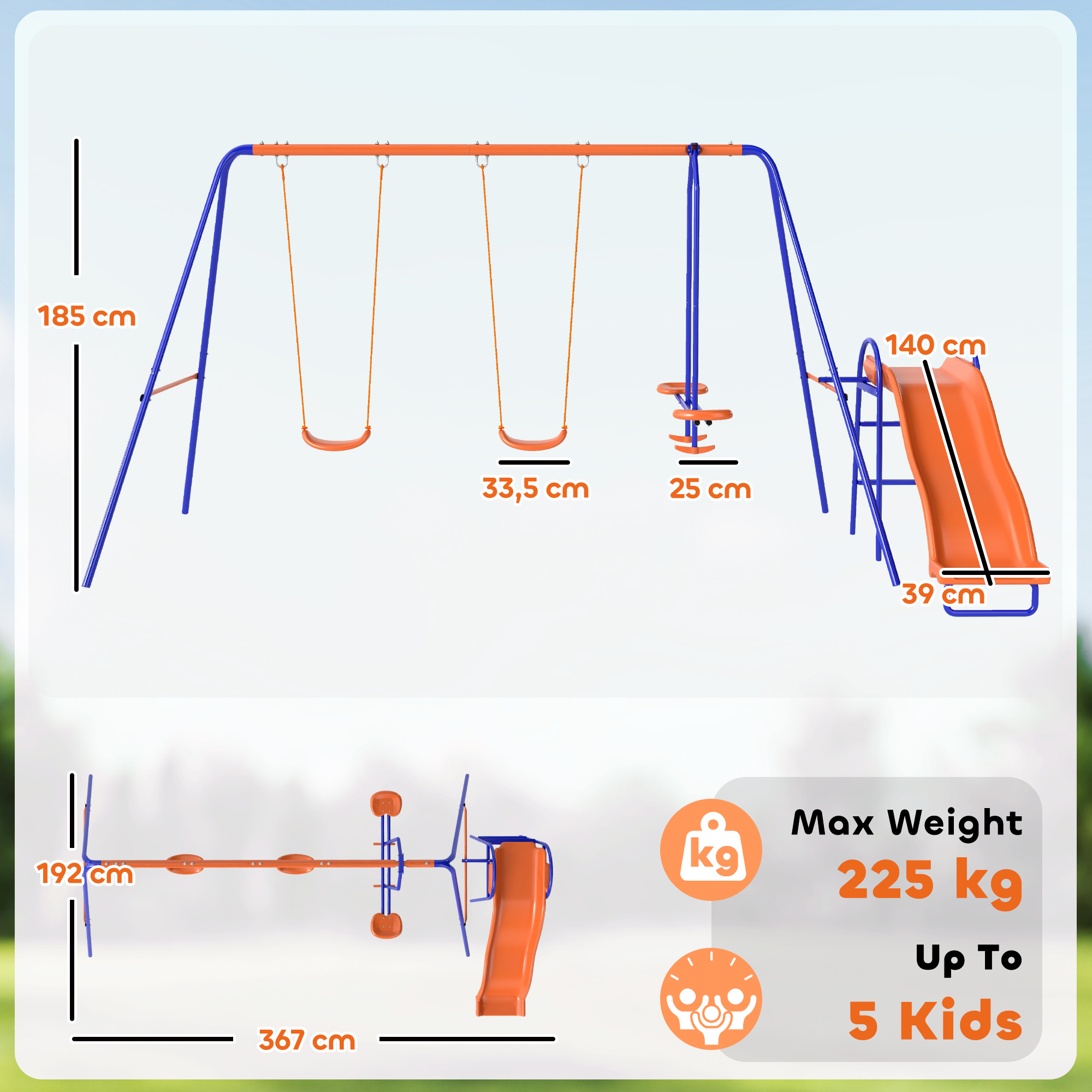 Un parque infantil con columpios, un tobogán y elementos para escalar, en azul y naranja. Se indican dimensiones y capacidad de peso.