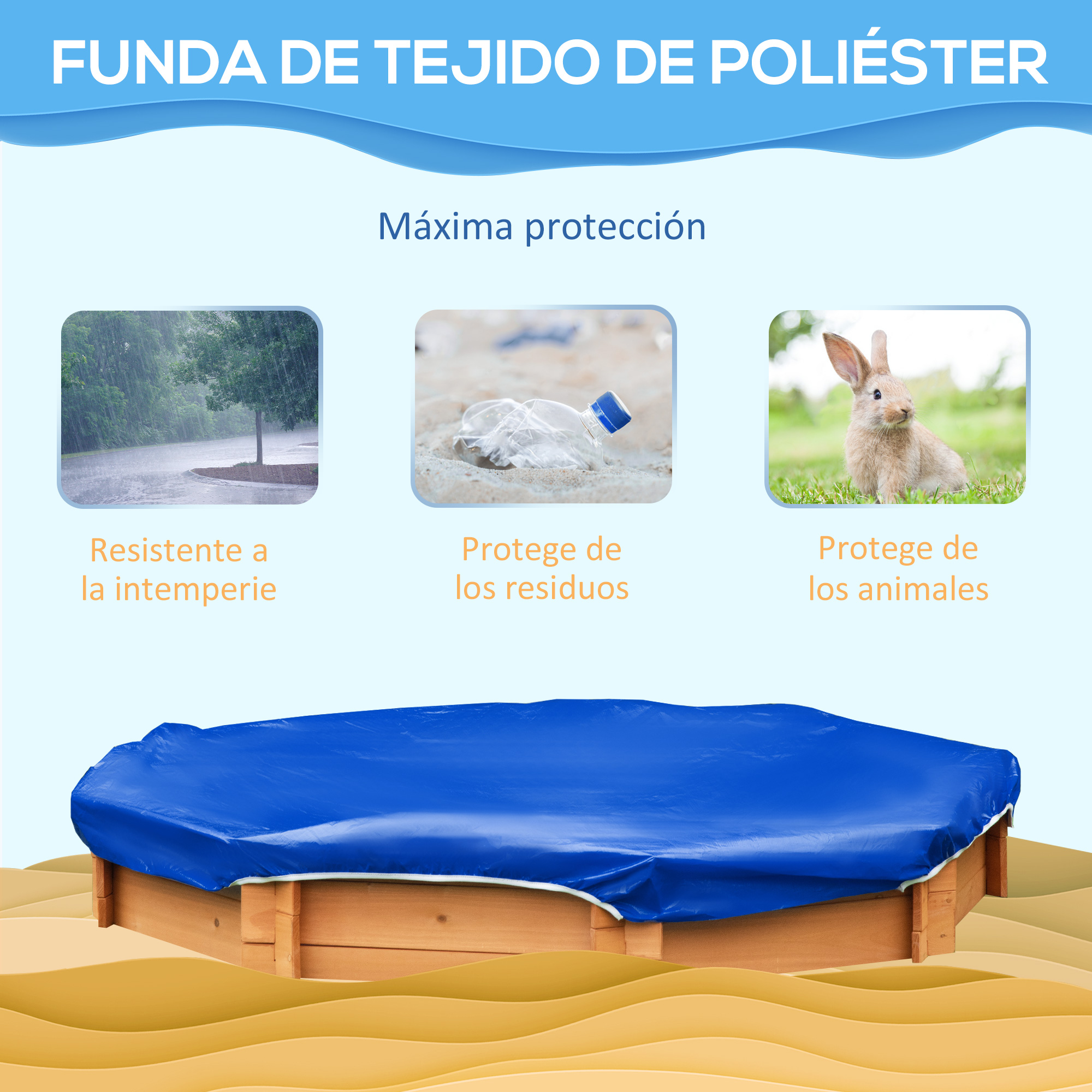 Cubierta azul para piscina sobre estructura de madera, con iconos de lluvia, basura y conejo, indicando protección.