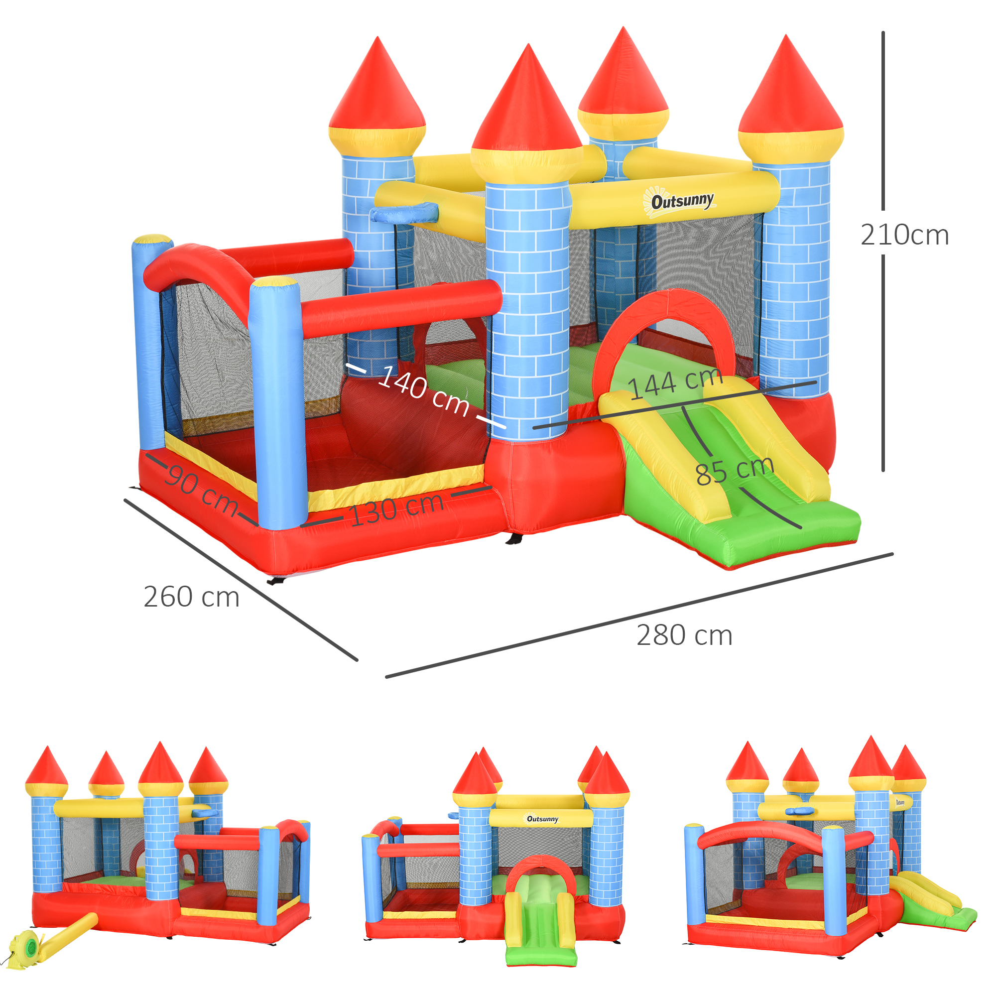 Castillo inflable con secciones rojas, azules, amarillas y verdes. Cuenta con torres, un tobogán y dimensiones en centímetros.