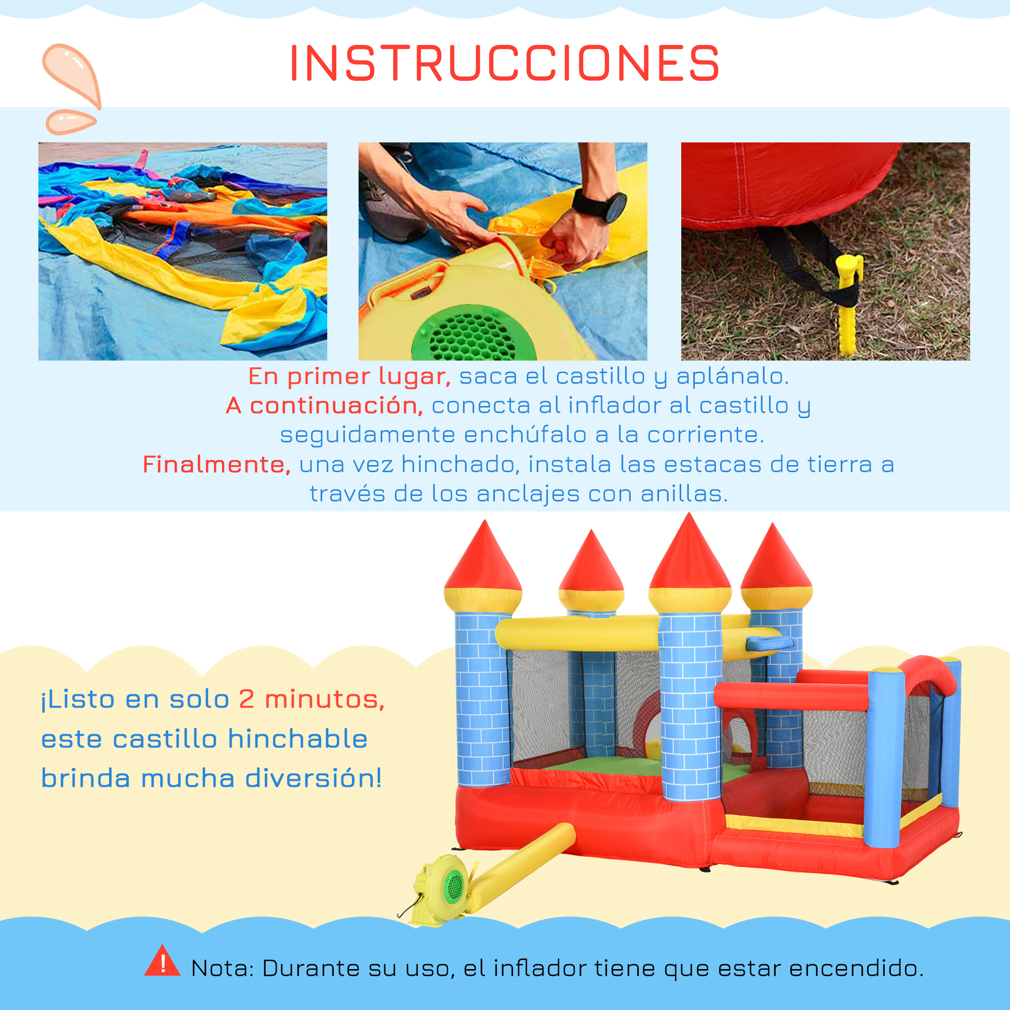 Instrucciones para un castillo hinchable. Los pasos muestran aplanamiento, conexión del inflador y estacado. Se ve un castillo rojo.