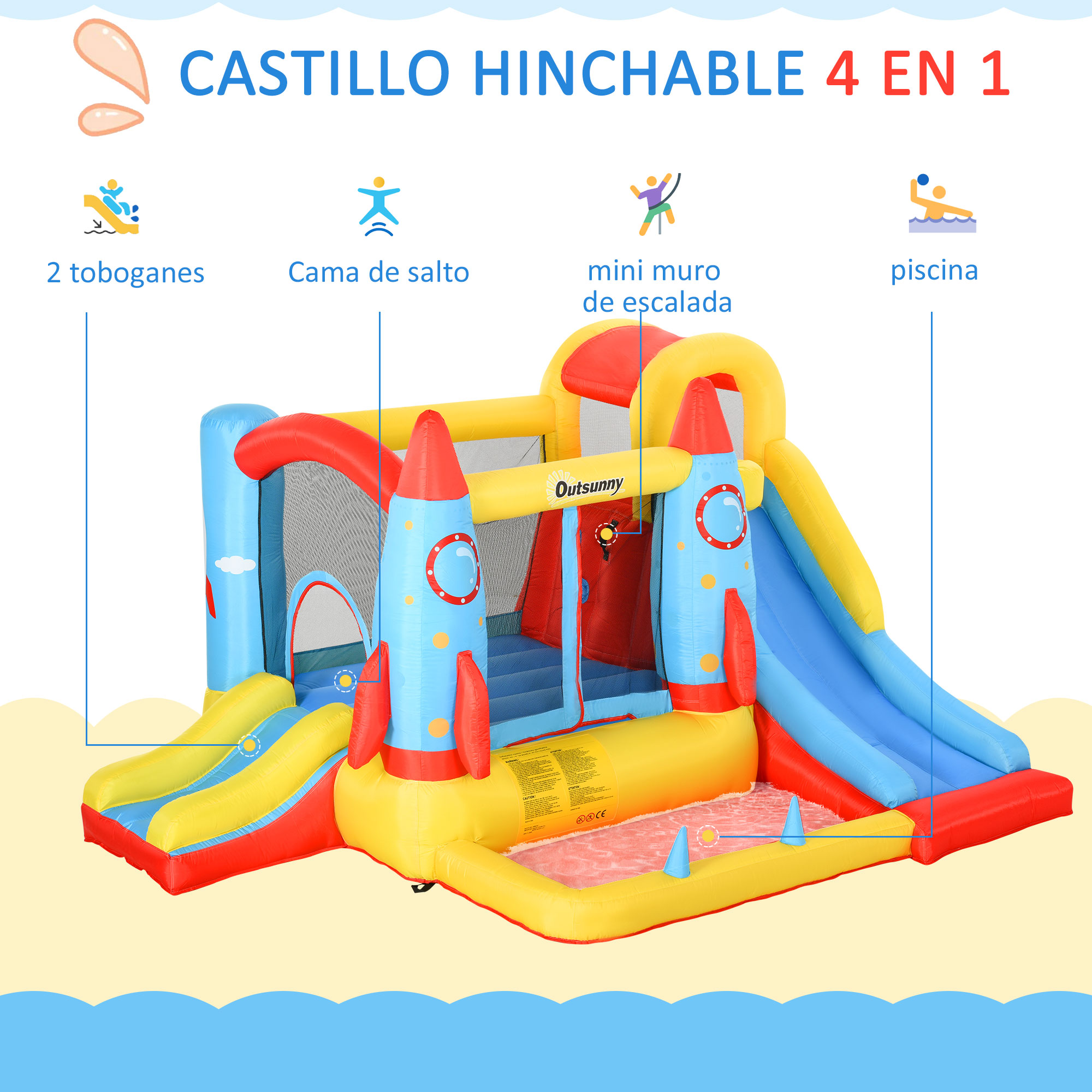 Estructura inflable con toboganes, muro de escalada y piscina. Es amarillo, azul y rojo.