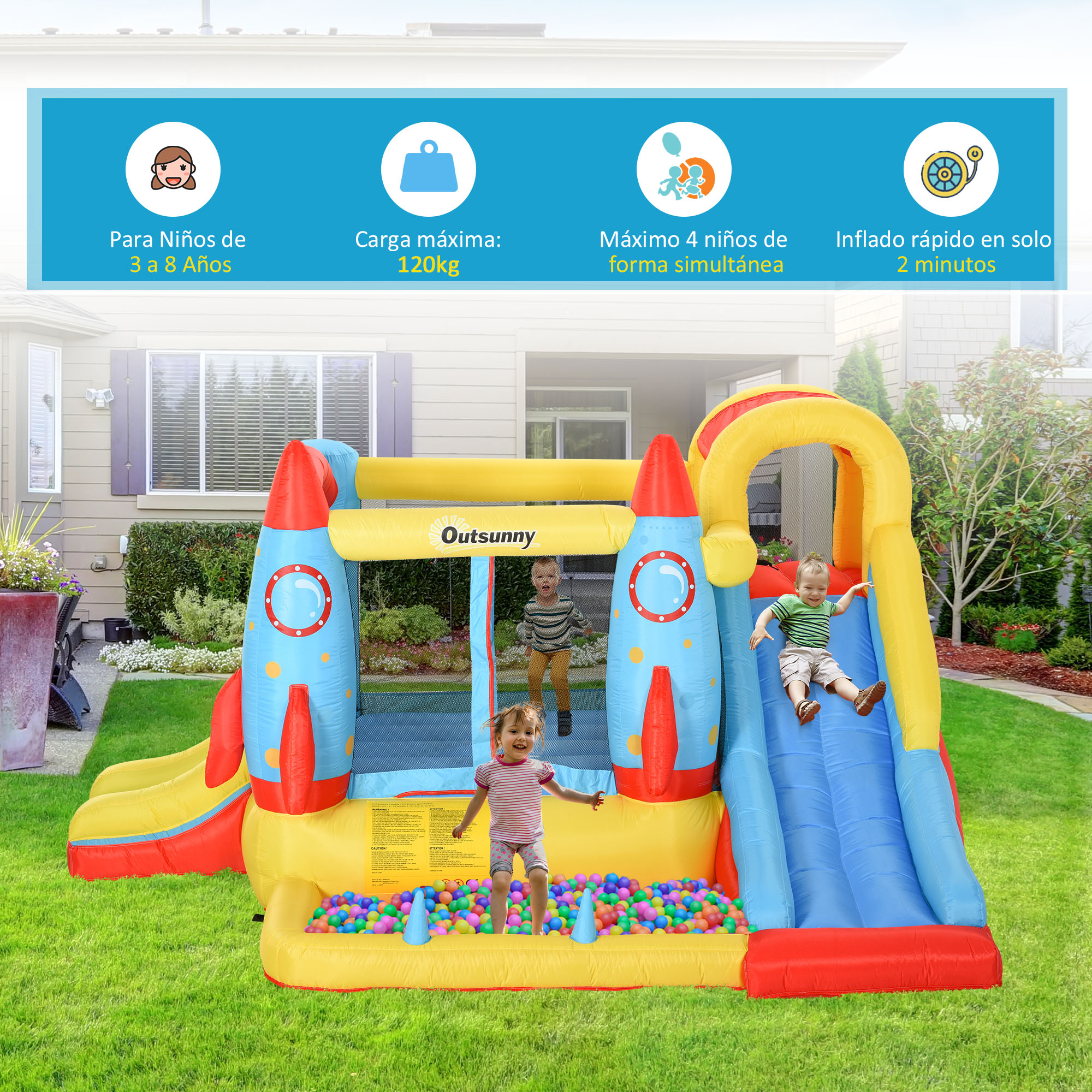 Un castillo hinchable con niños jugando. Incluye tobogán, piscina de bolas y diseño de cohete. Se ven niños.