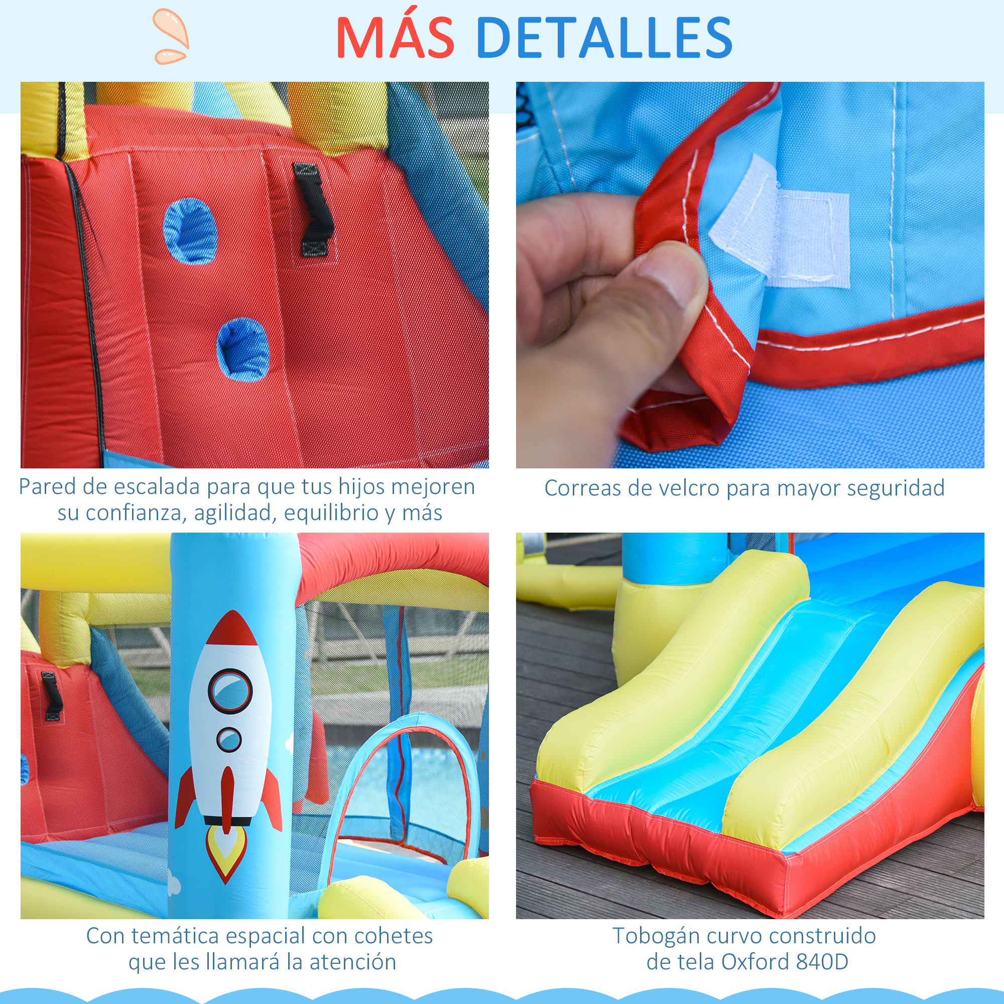 Estructura inflable colorida. Cuenta con muro de escalada, correas de velcro, diseño temático espacial y un tobogán curvo de tela Oxford.