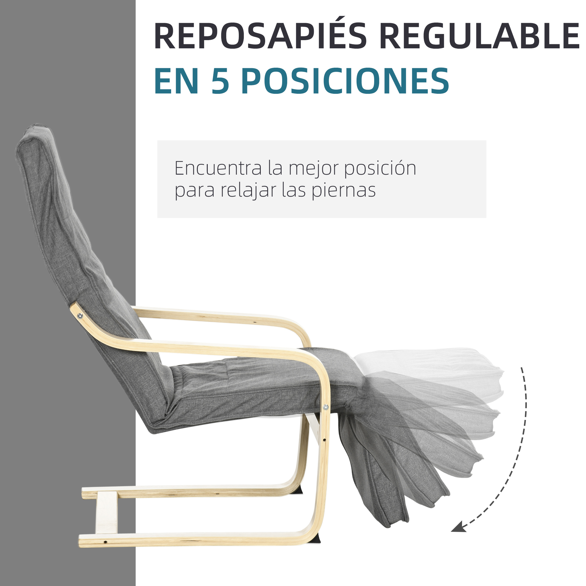 Una silla reclinable gris con marco de madera. Es ajustable a 5 posiciones. Texto: Encuentra la mejor posición para relajar las piernas.