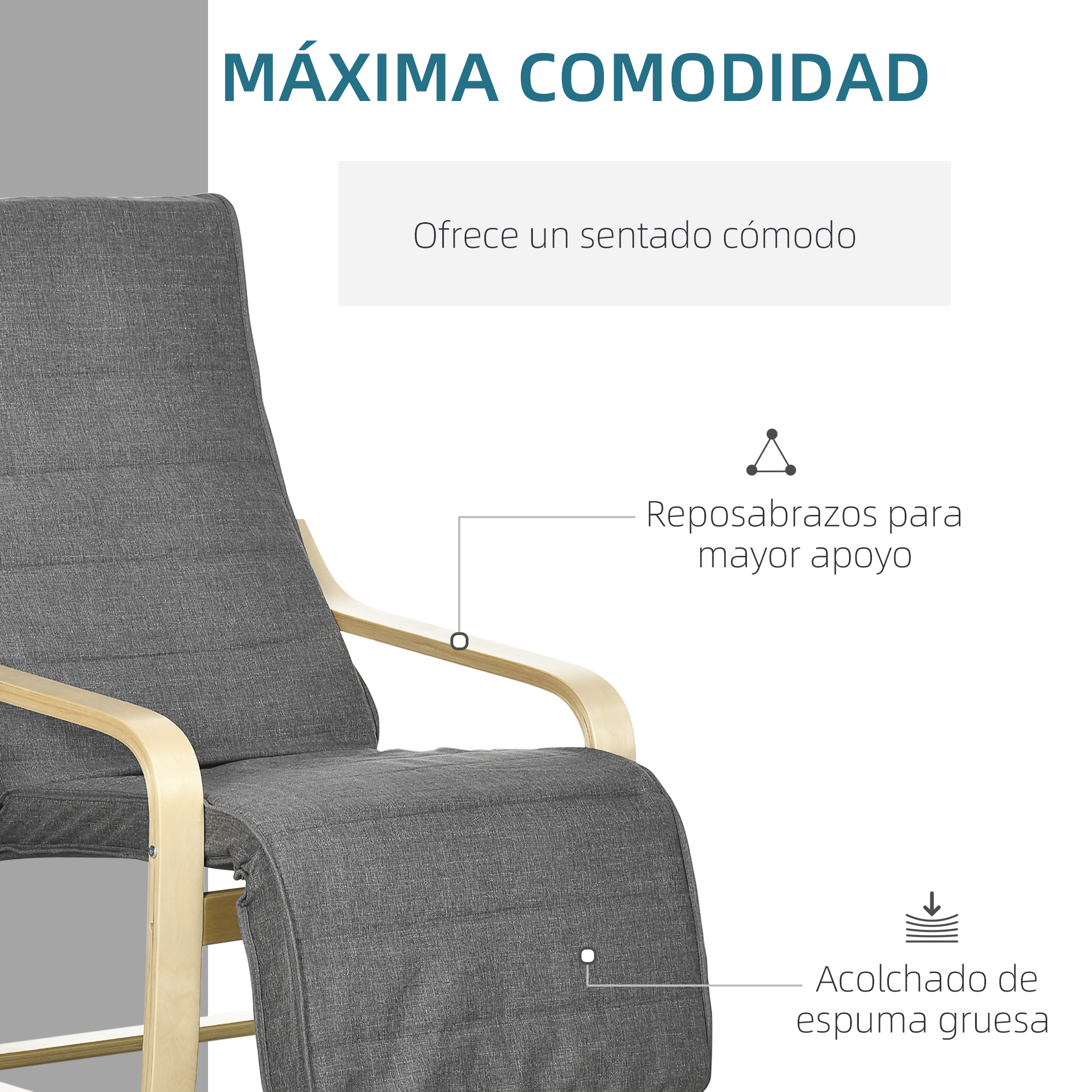Sillón gris con estructura de madera. Tiene asiento y respaldo acolchados. El texto dice máxima comodidad, ofrece un asiento cómodo.