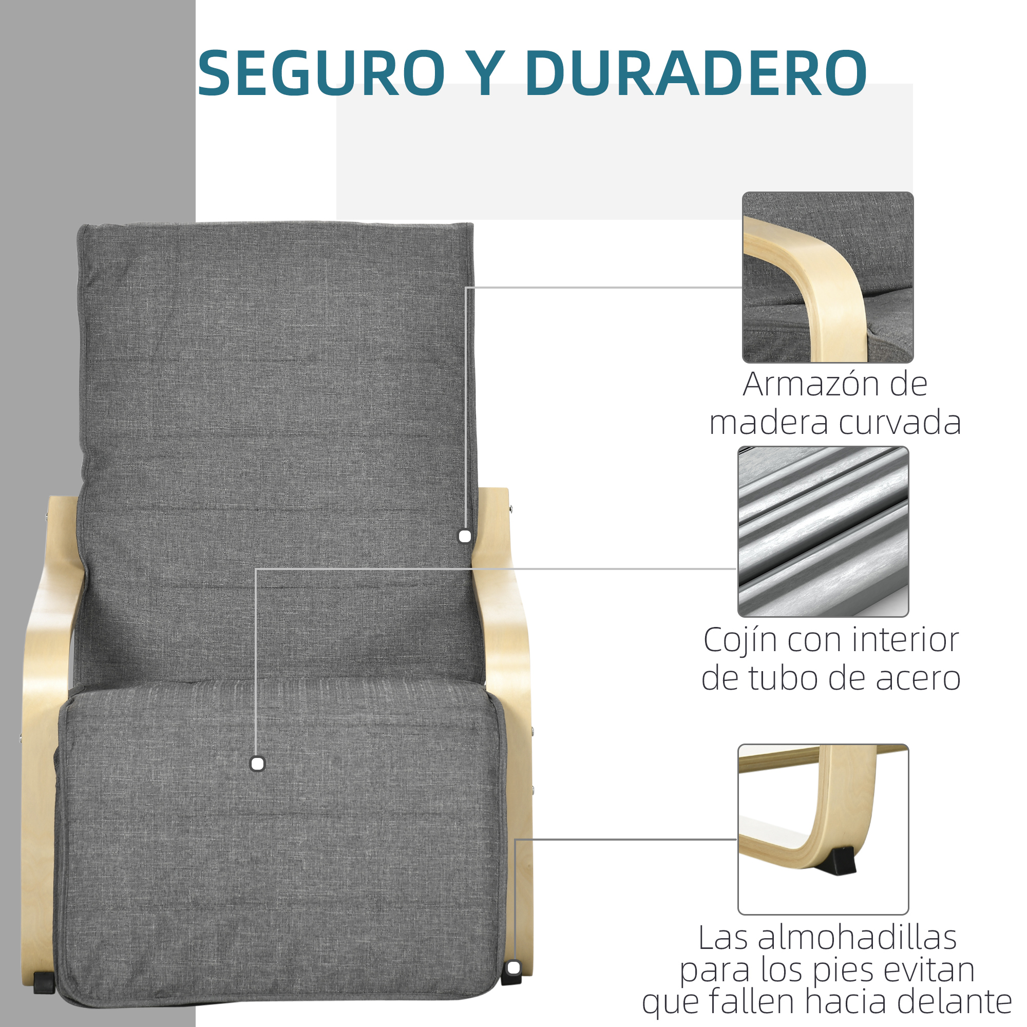 Sillón reclinable gris con estructura de madera. Detalles incluyen reposabrazos curvos de madera, cojín de tubo de acero y almohadillas.