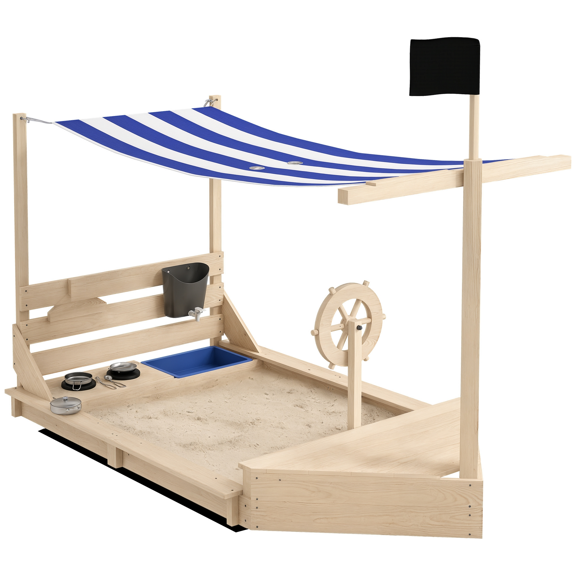 Sabbiera in legno con tenda a strisce blu, bandiera nera, timone e accessori. Contiene sabbia e un catino blu.