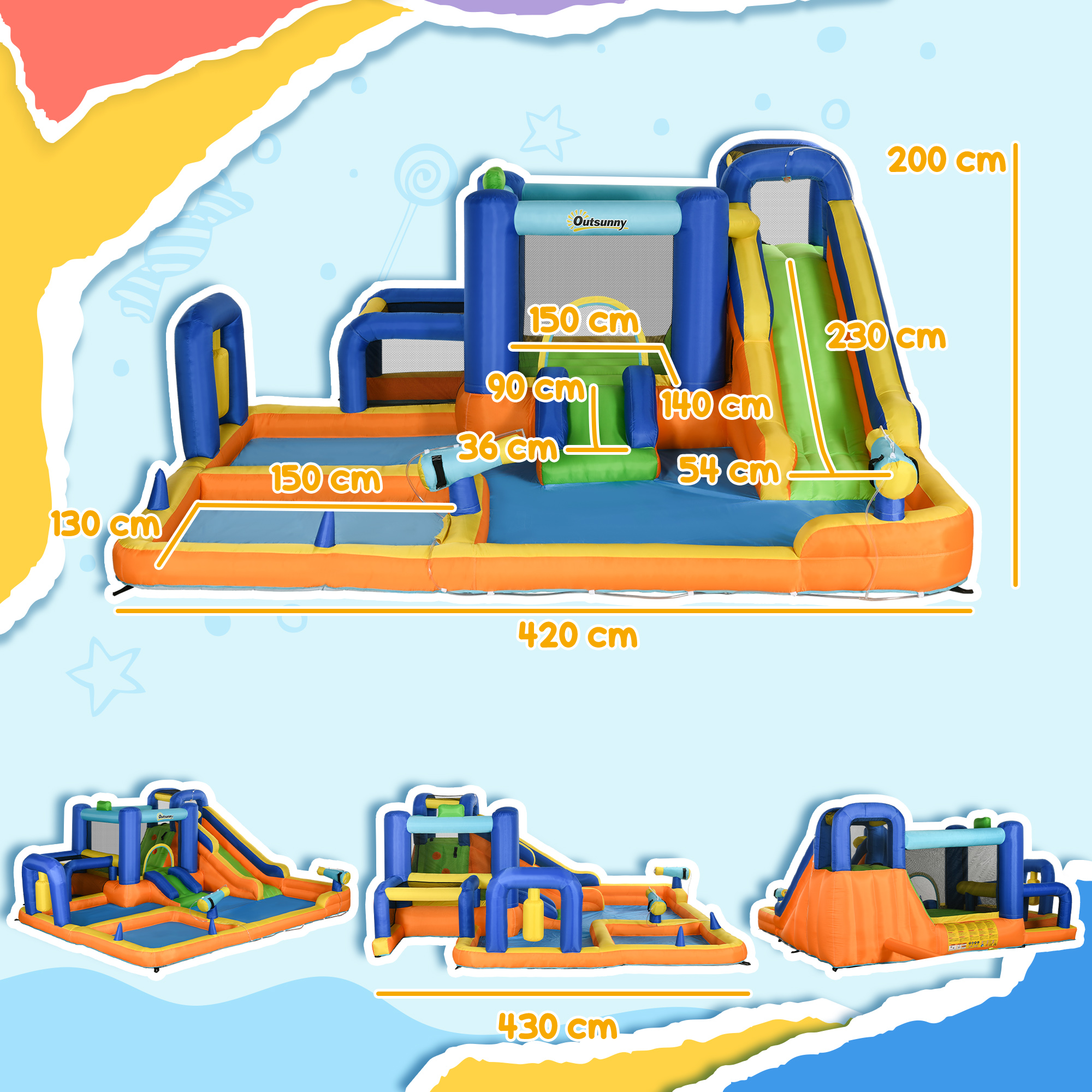Parque acuático inflable con toboganes y piscinas, con colores naranja, azul y amarillo, con dimensiones.