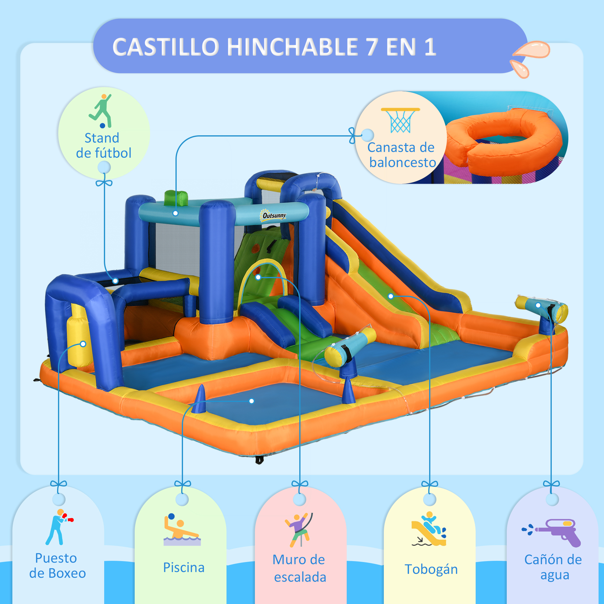 Un parque acuático inflable con tobogán, muro de escalada, aro de baloncesto, pistolas de agua y un puesto de fútbol.