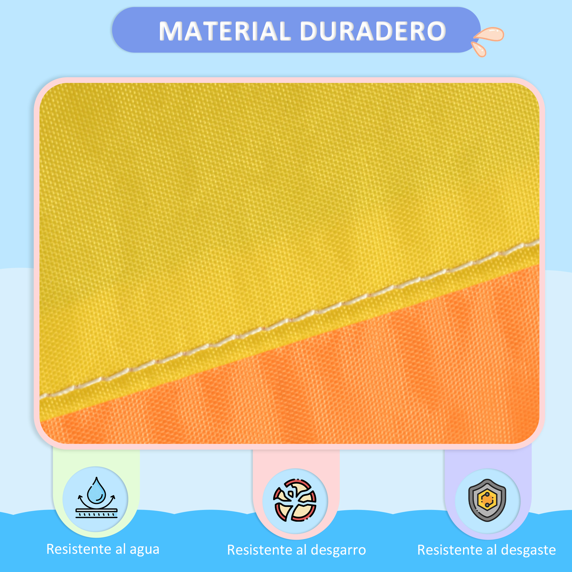 Primer plano de tela colorida con secciones amarillas y naranjas, cosidas juntas. El texto dice 'MATERIAL DURADERO' e iconos abajo.