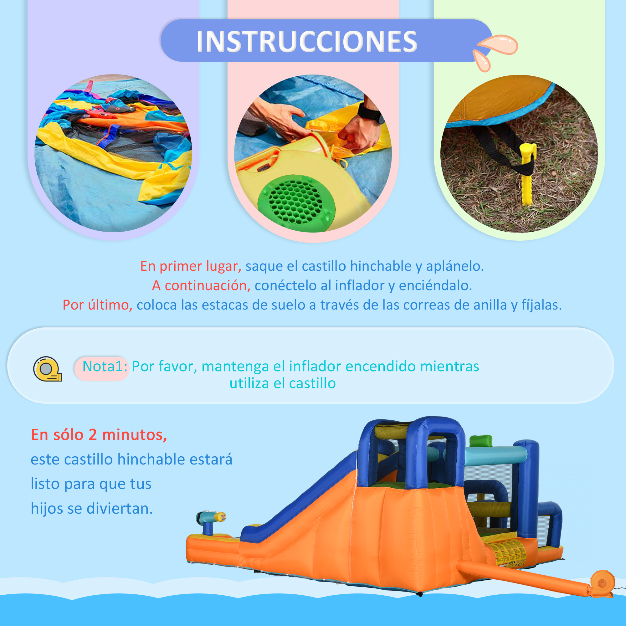 Instrucciones para un castillo inflable. Los pasos incluyen aplanarlo, conectar el inflador y asegurarlo con estacas.
