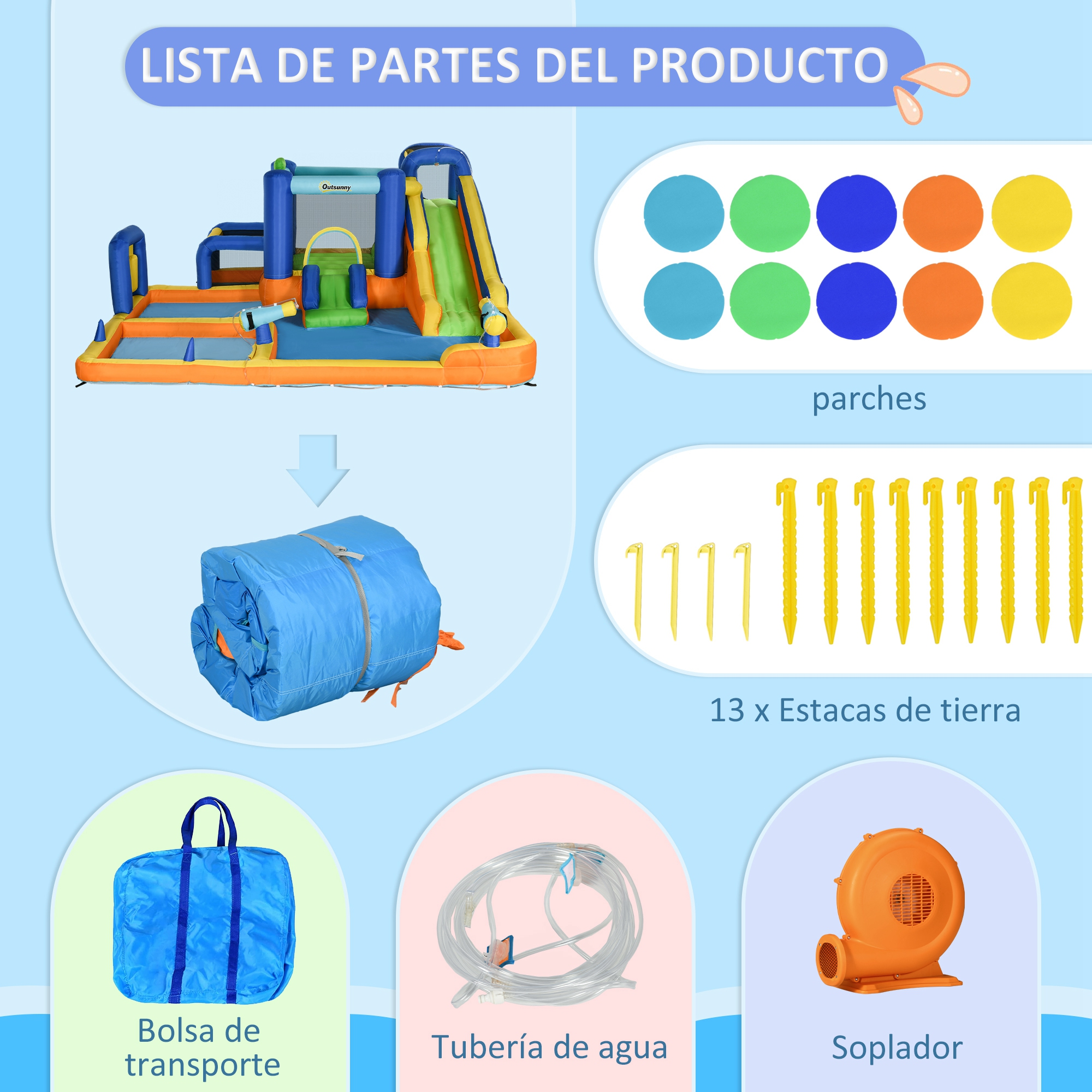 La imagen muestra partes de un producto: estructura inflable, parches, estacas, bolsa de transporte, manguera de agua y soplador.
