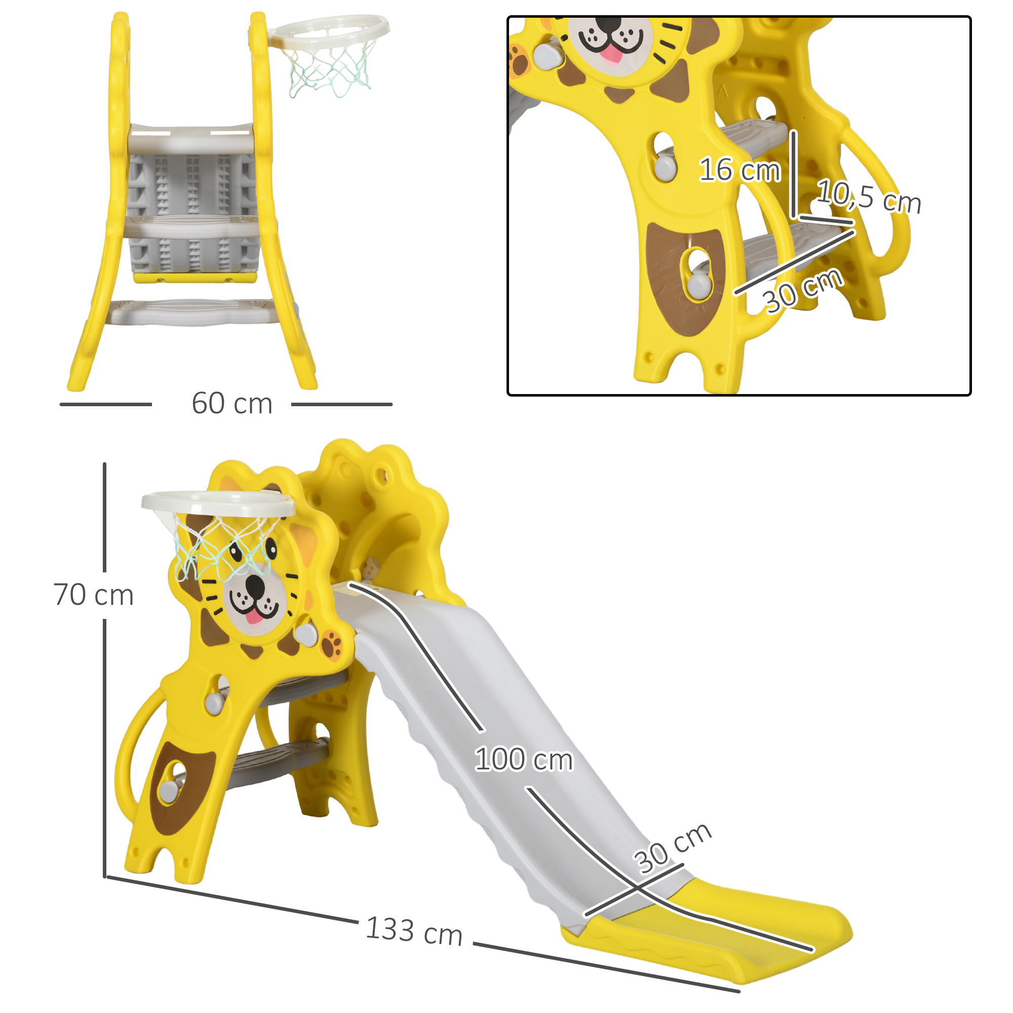 Un tobogán amarillo para niños con canasta de baloncesto. Tiene un diseño de cara de león y las dimensiones están indicadas.
