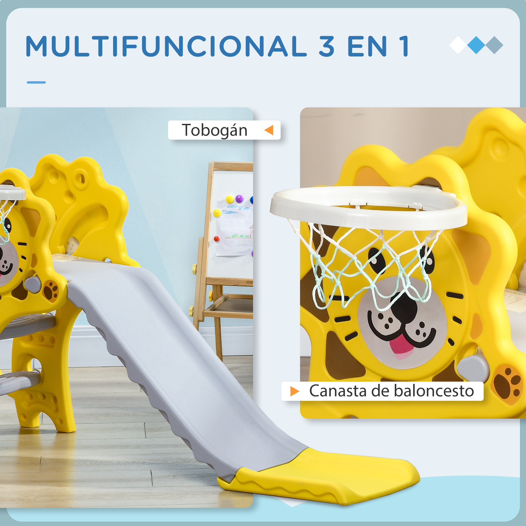 Un juego 3 en 1 amarillo y gris. Incluye un tobogán, un aro de baloncesto y una pizarra al fondo.