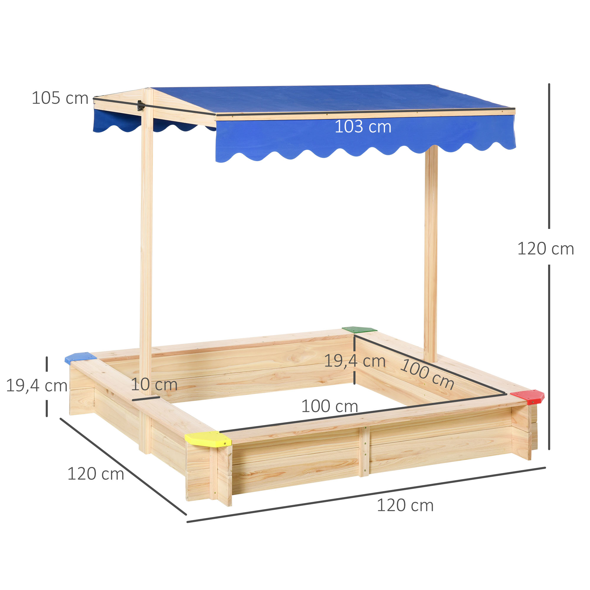 Se muestra un arenero de madera con un toldo azul. Las dimensiones están etiquetadas, incluyendo lados de 120 cm y base de 100 cm.