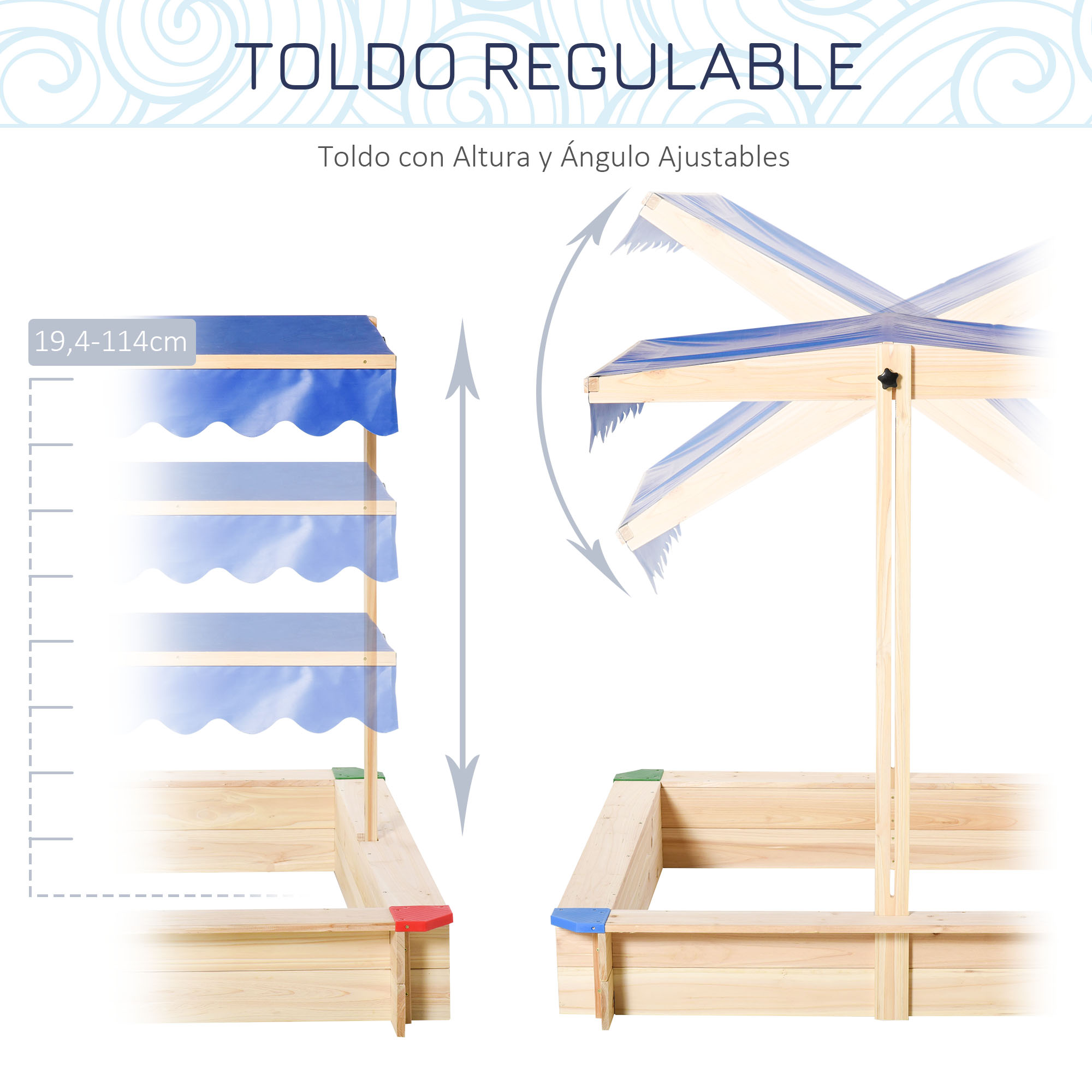 Diagrama de un toldo ajustable. Muestra un marco de madera con un toldo azul, ajustable en altura y ángulo, sobre un fondo blanco.
