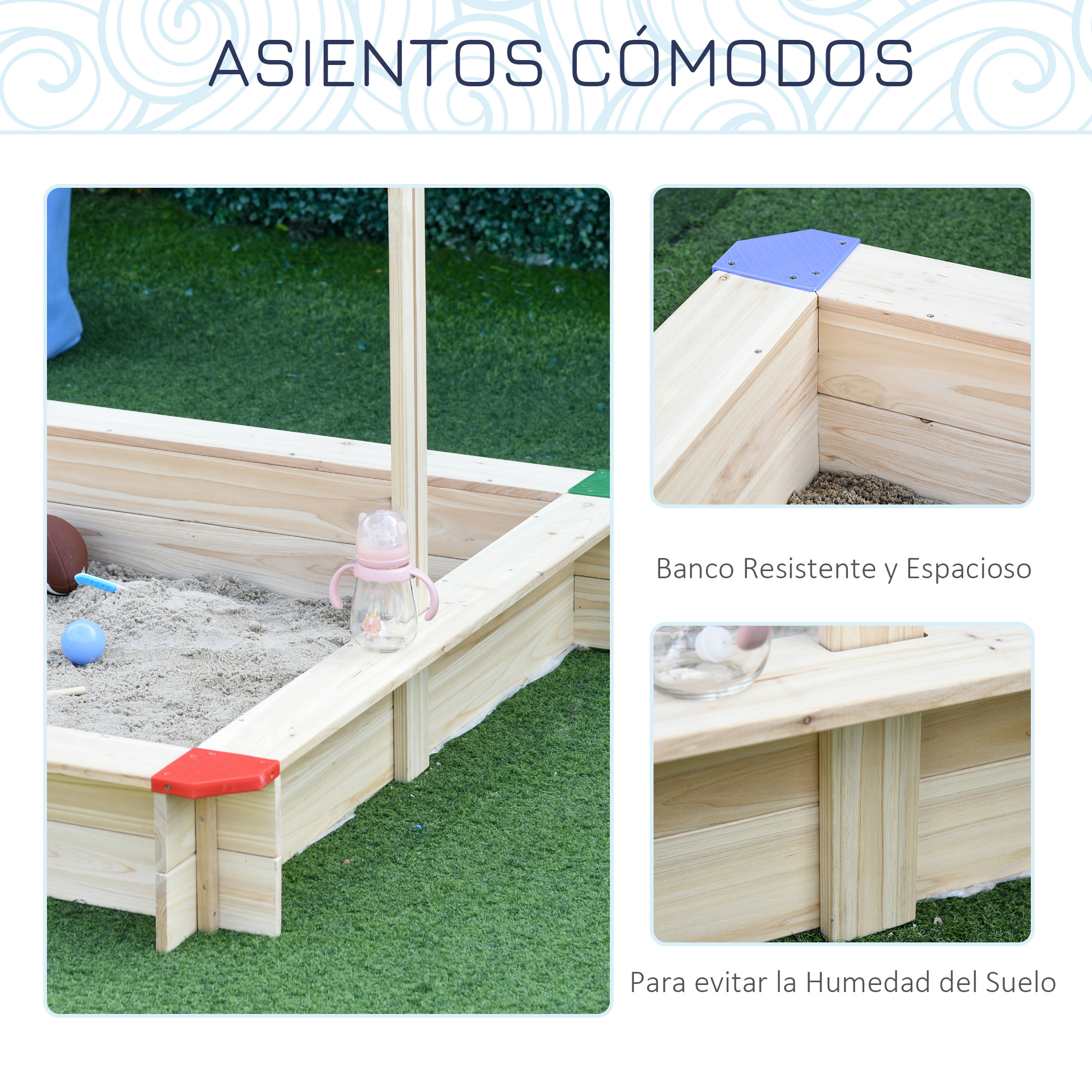 Un arenero de madera con arena, una pelota azul y un biberón. El arenero tiene protectores de esquina rojos y azules sobre hierba verde.