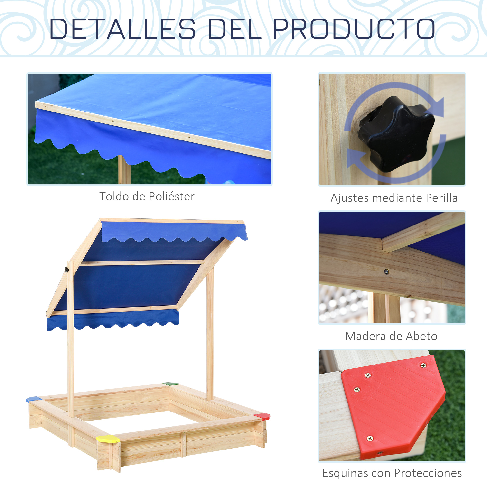 Un arenero de madera con toldo azul. Tiene protectores de esquina y características ajustables.