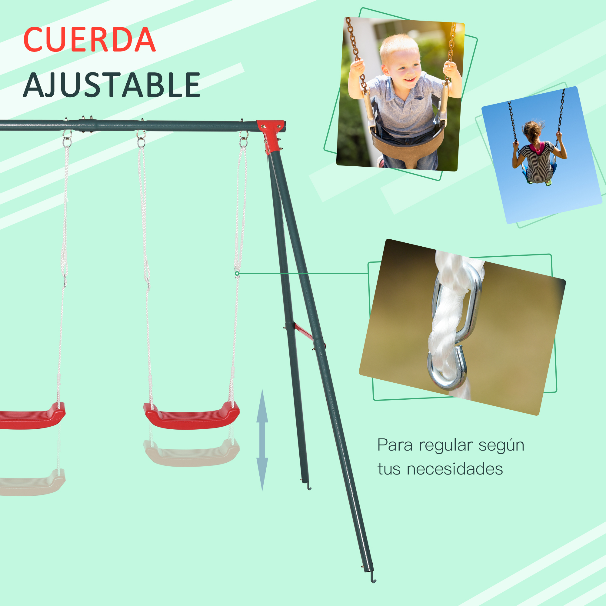 Un columpio con asientos rojos y cuerdas ajustables. Los niños se muestran columpiándose en las imágenes.