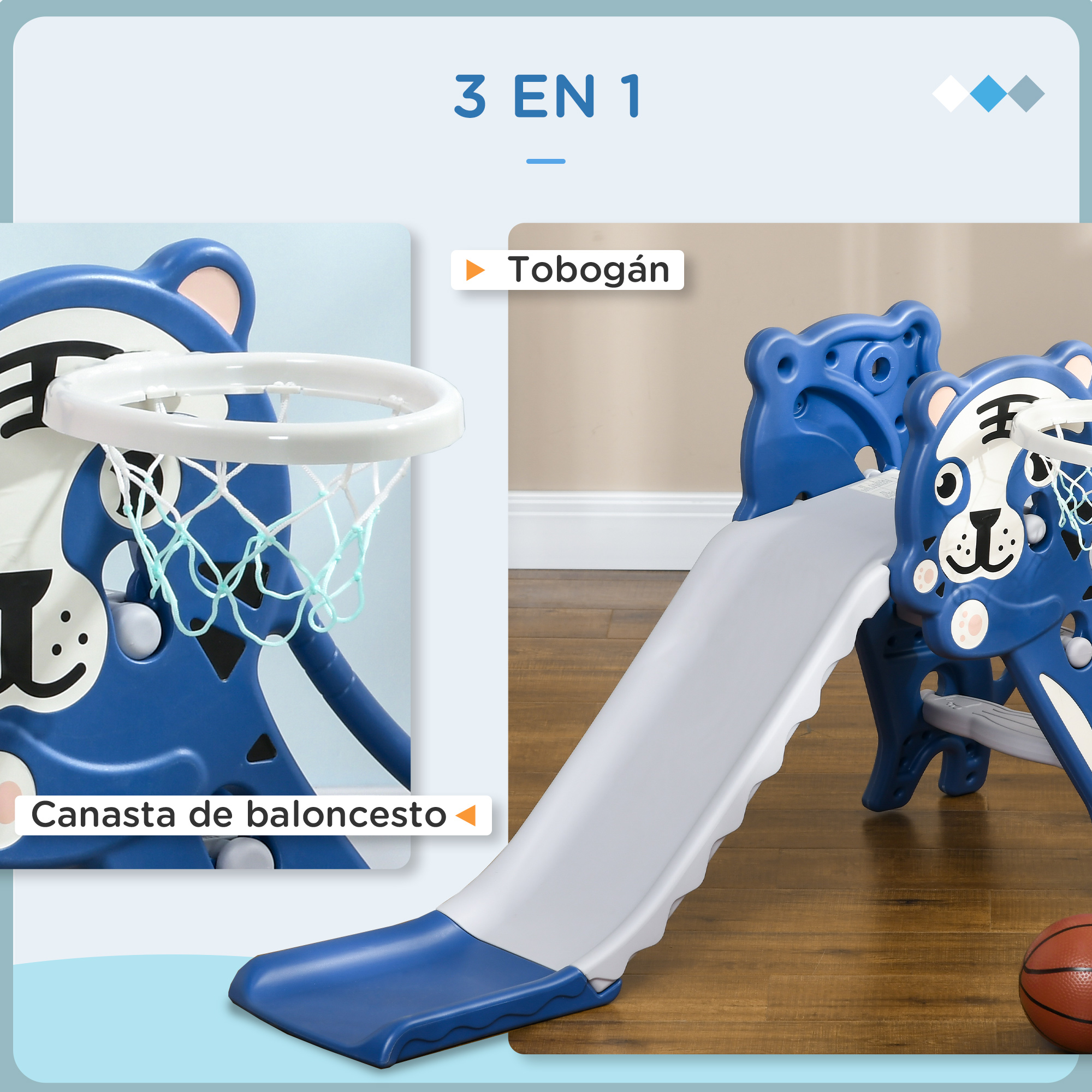 Un tobogán azul, un aro de baloncesto y una pelota de baloncesto. El conjunto tiene forma de oso. El fondo es un suelo de madera.