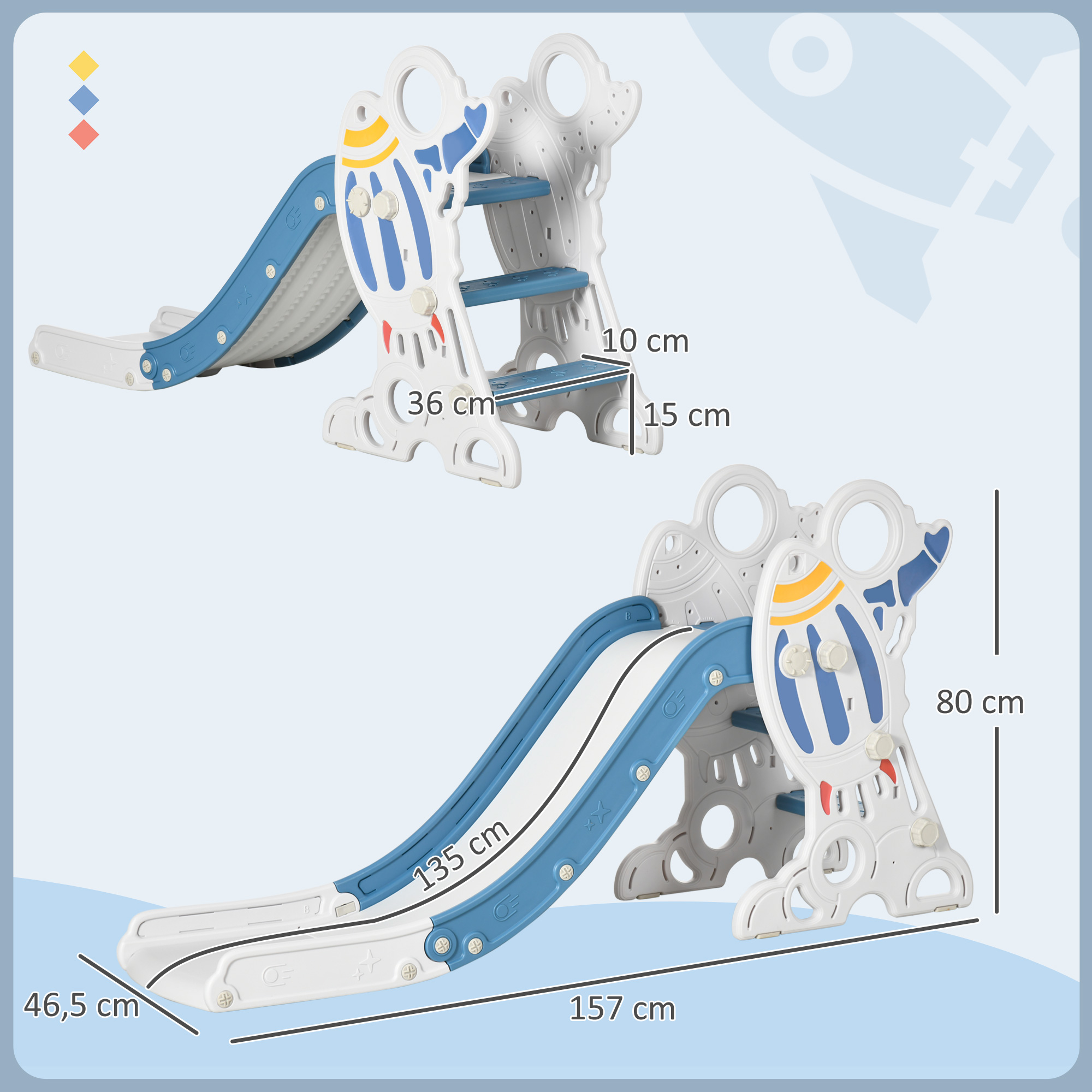 Un tobogán infantil de plástico azul y blanco, con dimensiones indicadas.