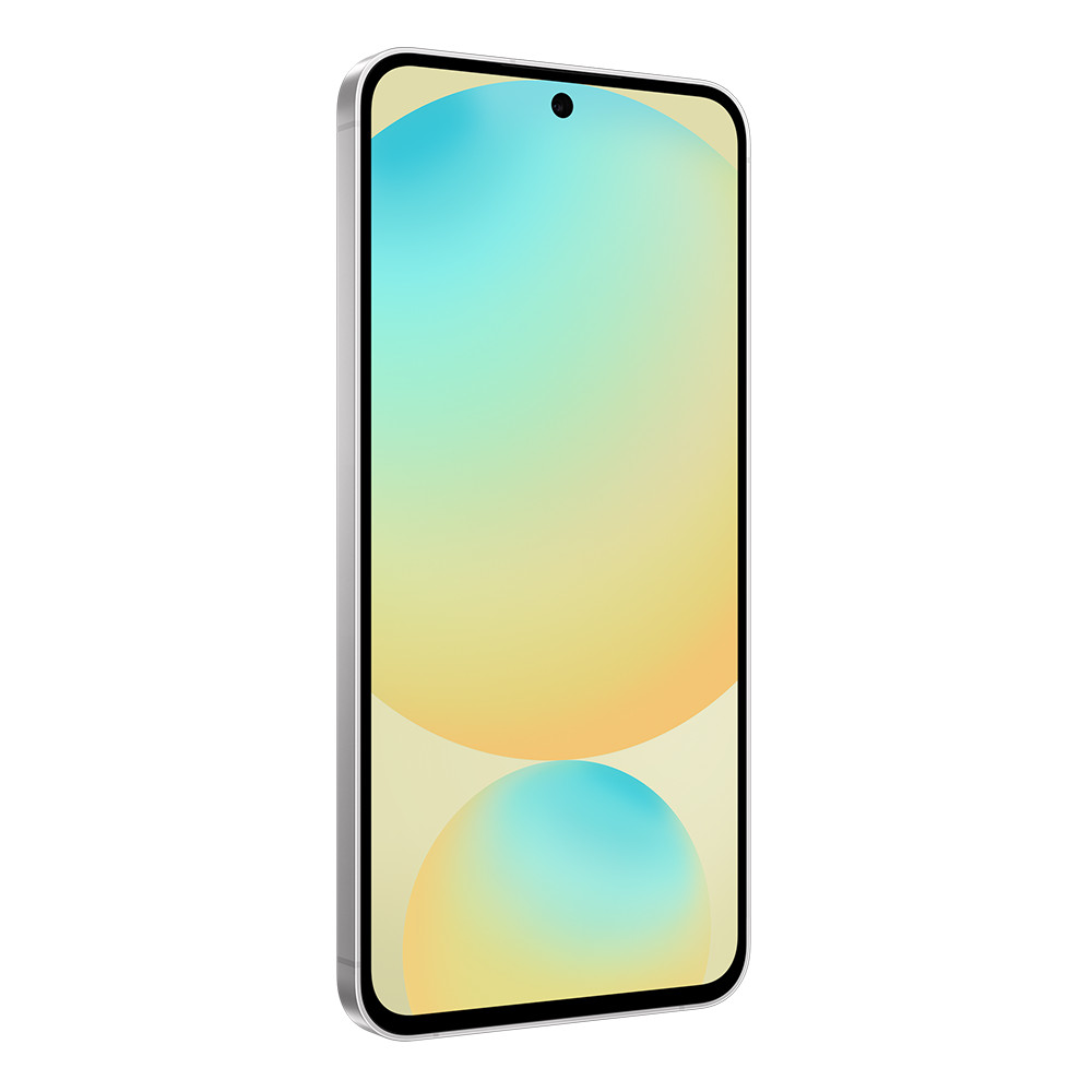 Ein Smartphone mit silbernem Rahmen und einem lebendigen Bildschirm, der einen abstrakten Farbverlauf aus Gelb, Blau und Grün zeigt.