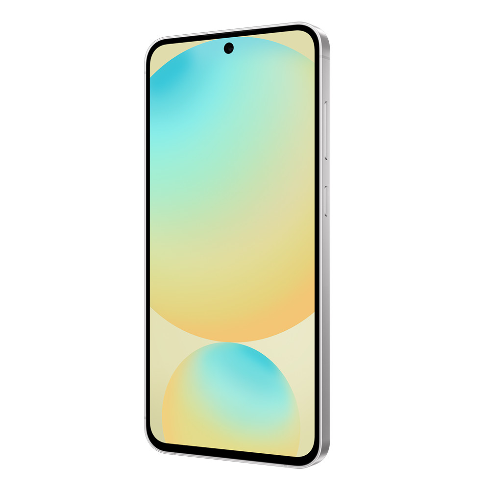 Ein silbernes Smartphone mit einem Bildschirm, der einen Farbverlauf aus Gelb, Blau und Grün zeigt. Es hat eine Frontkamera und Lautstärketasten.