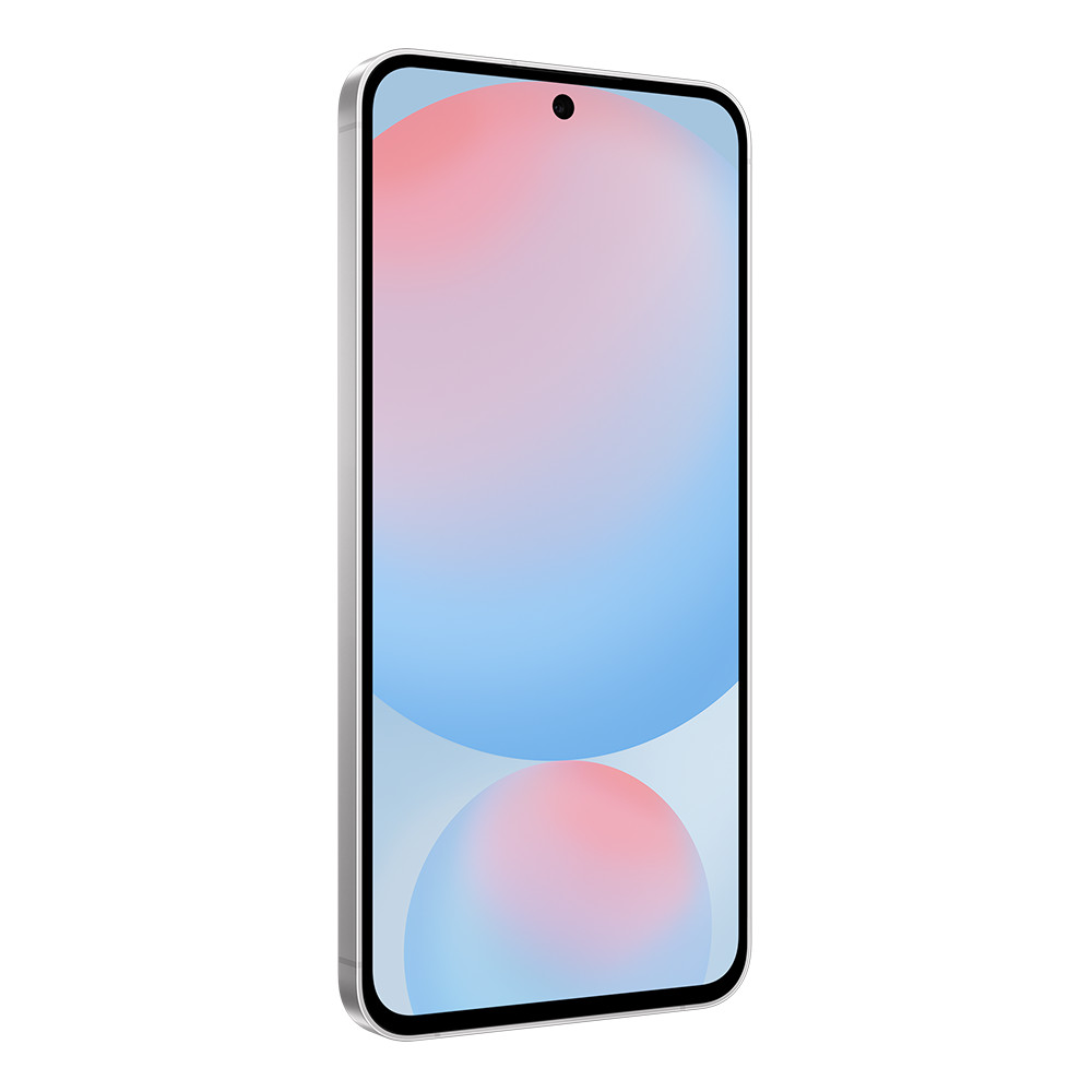 Uno smartphone con cornice argentata e schermo colorato che mostra sfumature rosa, blu e bianche. Un punto nero è in alto.