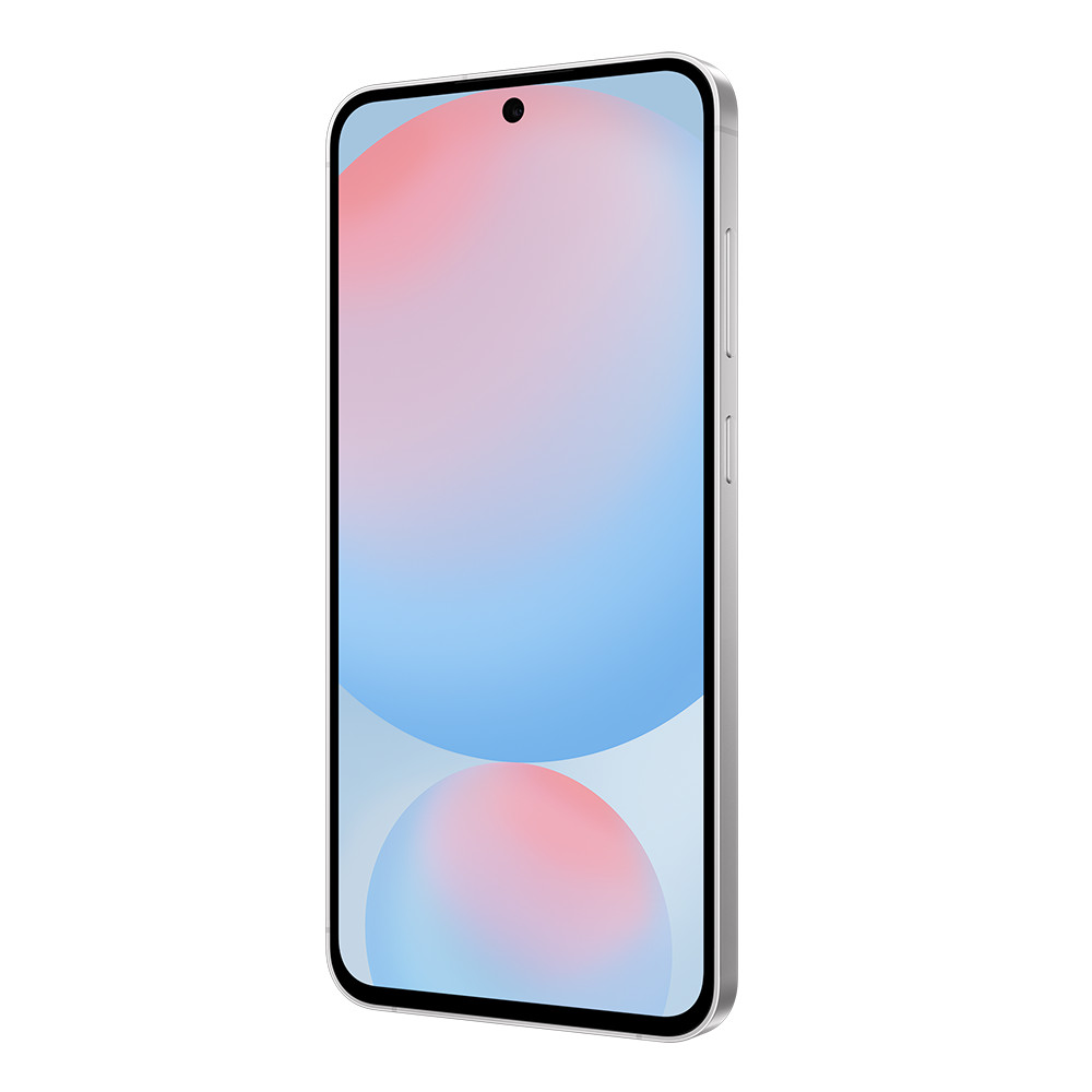 Uno smartphone argentato con schermo sfumato rosa e blu. Pulsanti visibili sul lato. Lo sfondo è bianco.