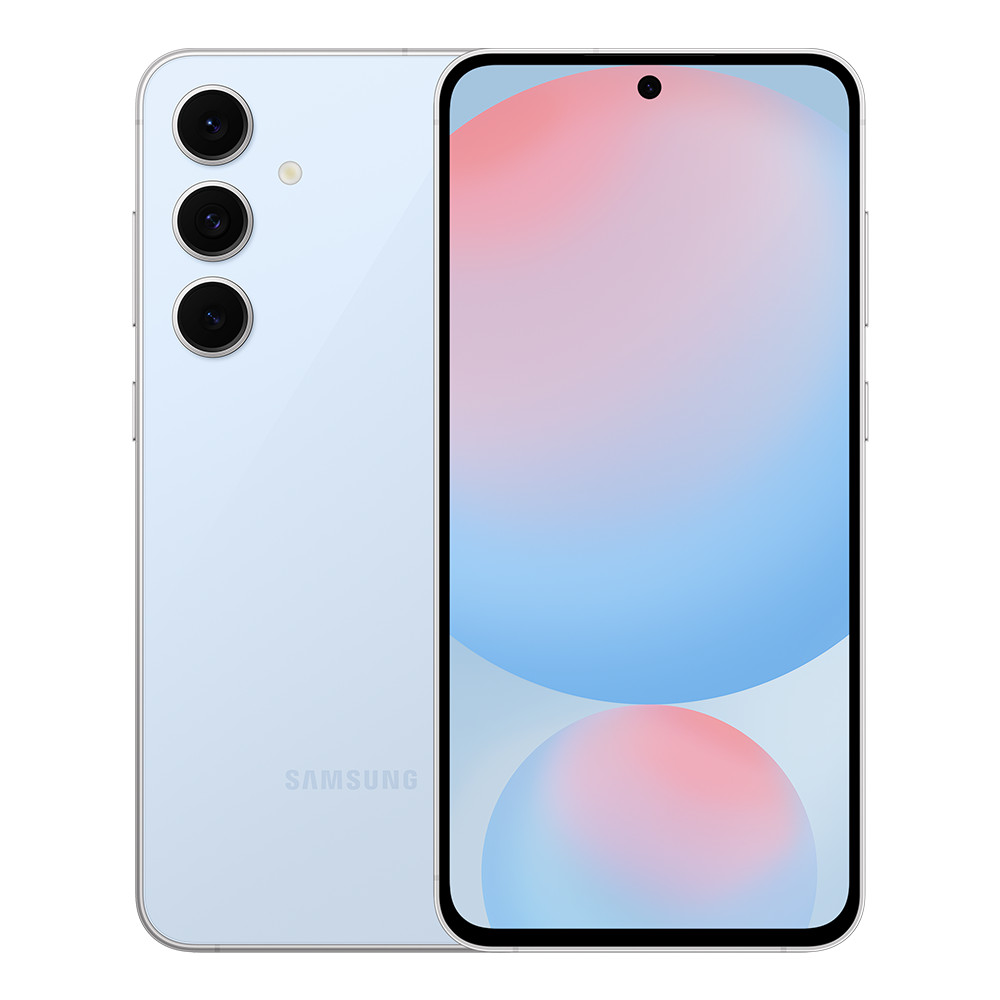 Uno smartphone Samsung azzurro con tre fotocamere posteriori. Lo schermo mostra una sfumatura rosa e blu. La parola 'SAMSUNG' è visibile.