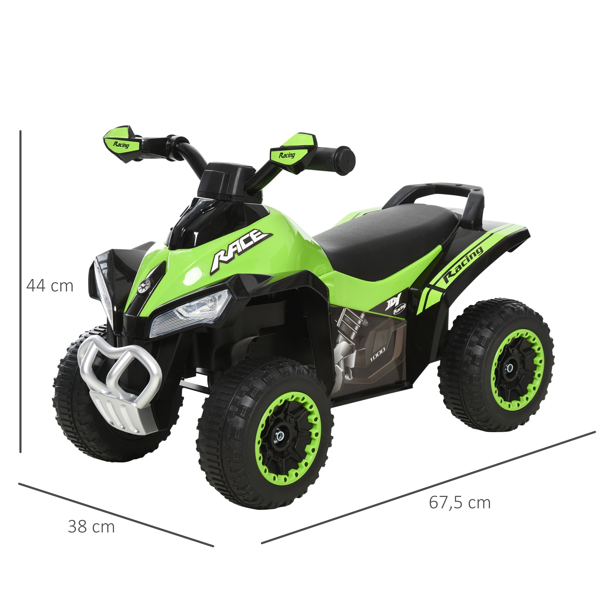 Un quad de juguete verde y negro con calcomanías de carreras, asiento negro y neumáticos grandes, dimensiones 44x38x67,5 cm.
