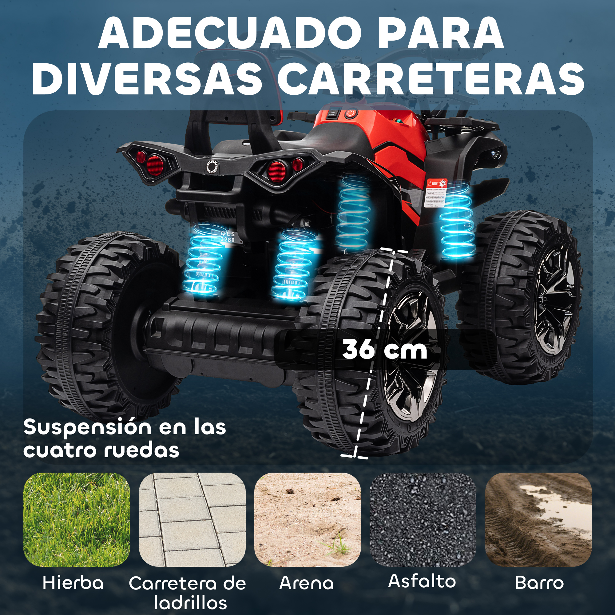 ATV de juguete rojo y negro. Tiene neumáticos grandes y está anunciado para ser adecuado para varios terrenos, incluyendo hierba y asfalto.