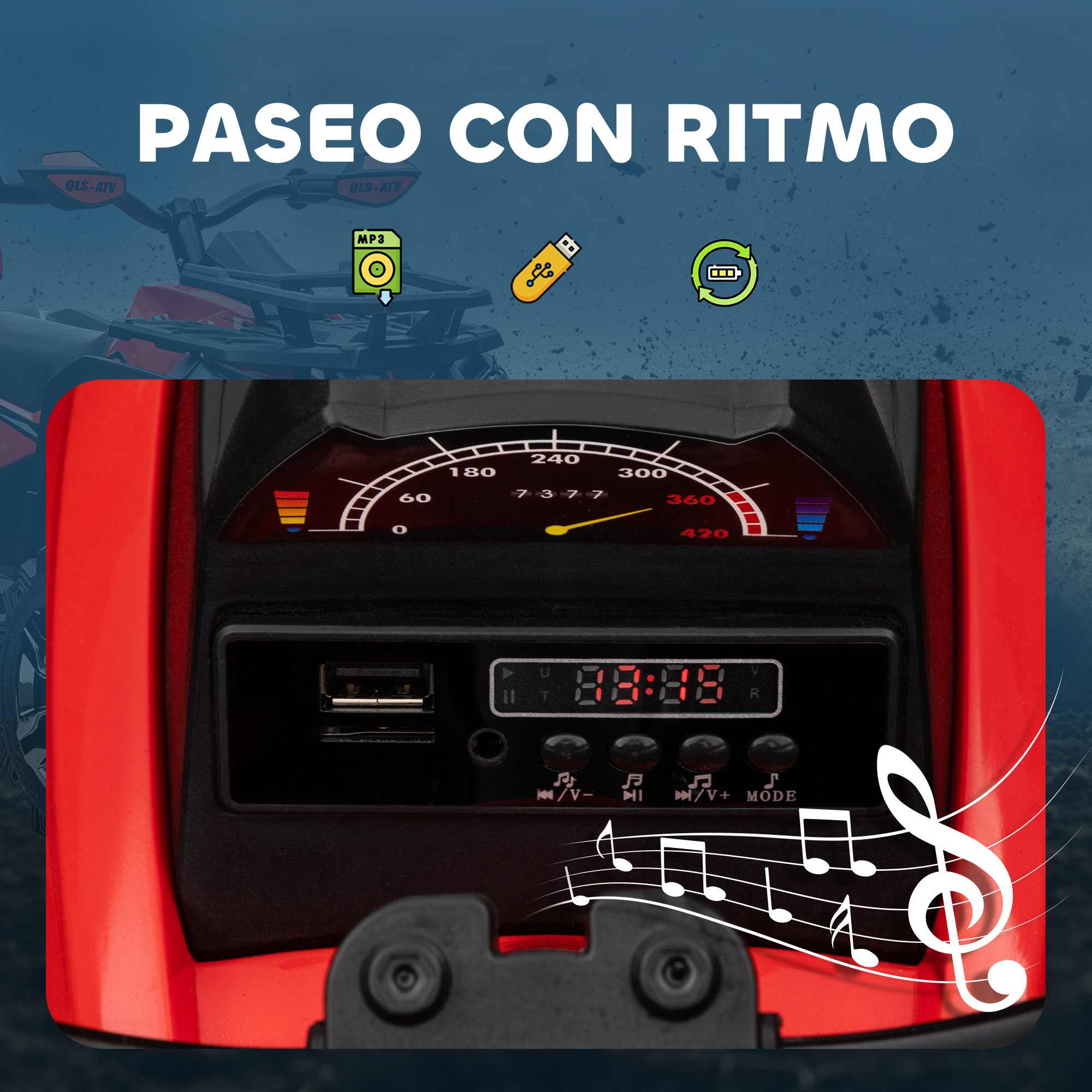 Dispositivo rojo con velocímetro y reloj digital. Notas musicales e iconos de MP3, USB y batería. El fondo muestra un ATV.