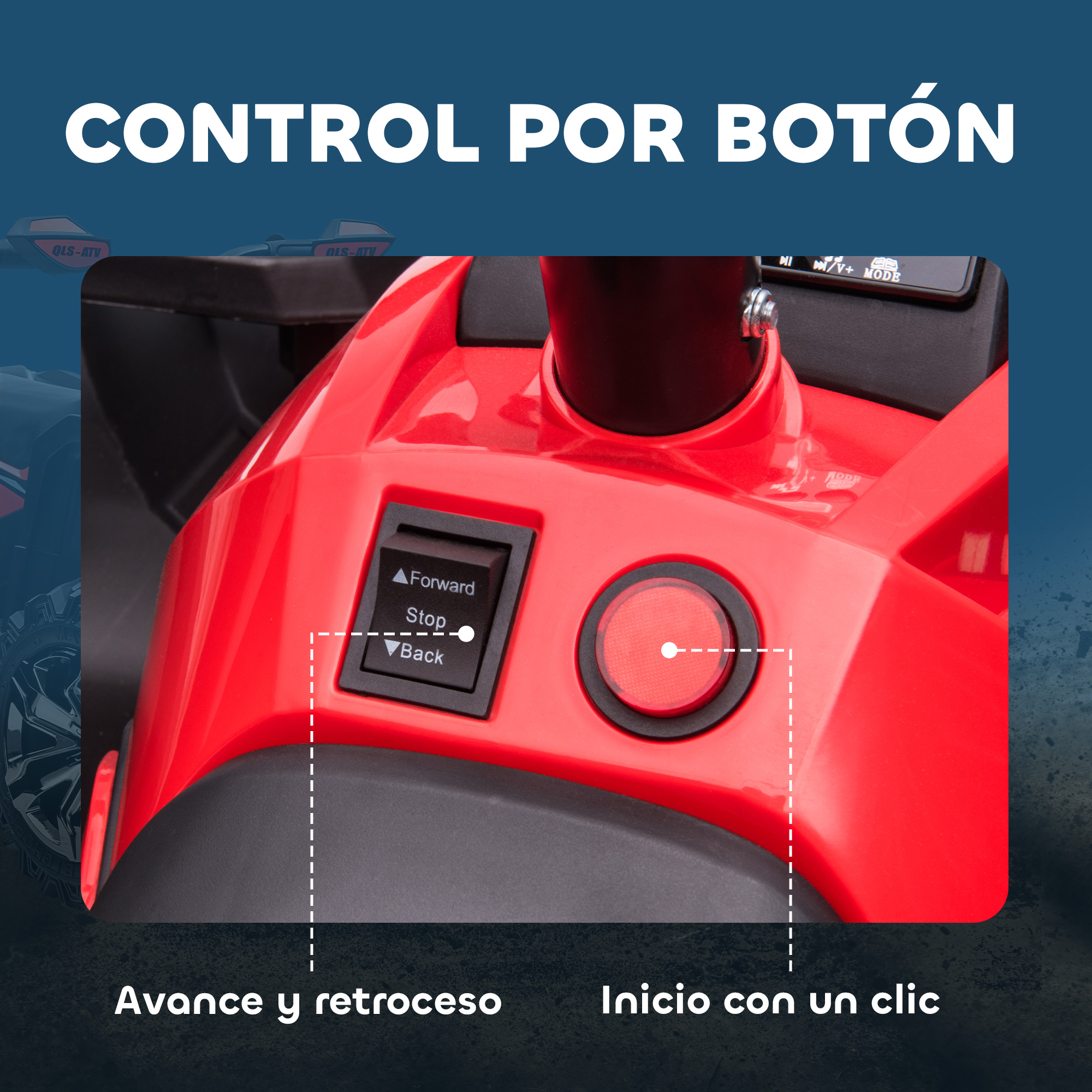 Primer plano de un panel de control rojo con botones de avance, parada, retroceso y un botón de inicio.