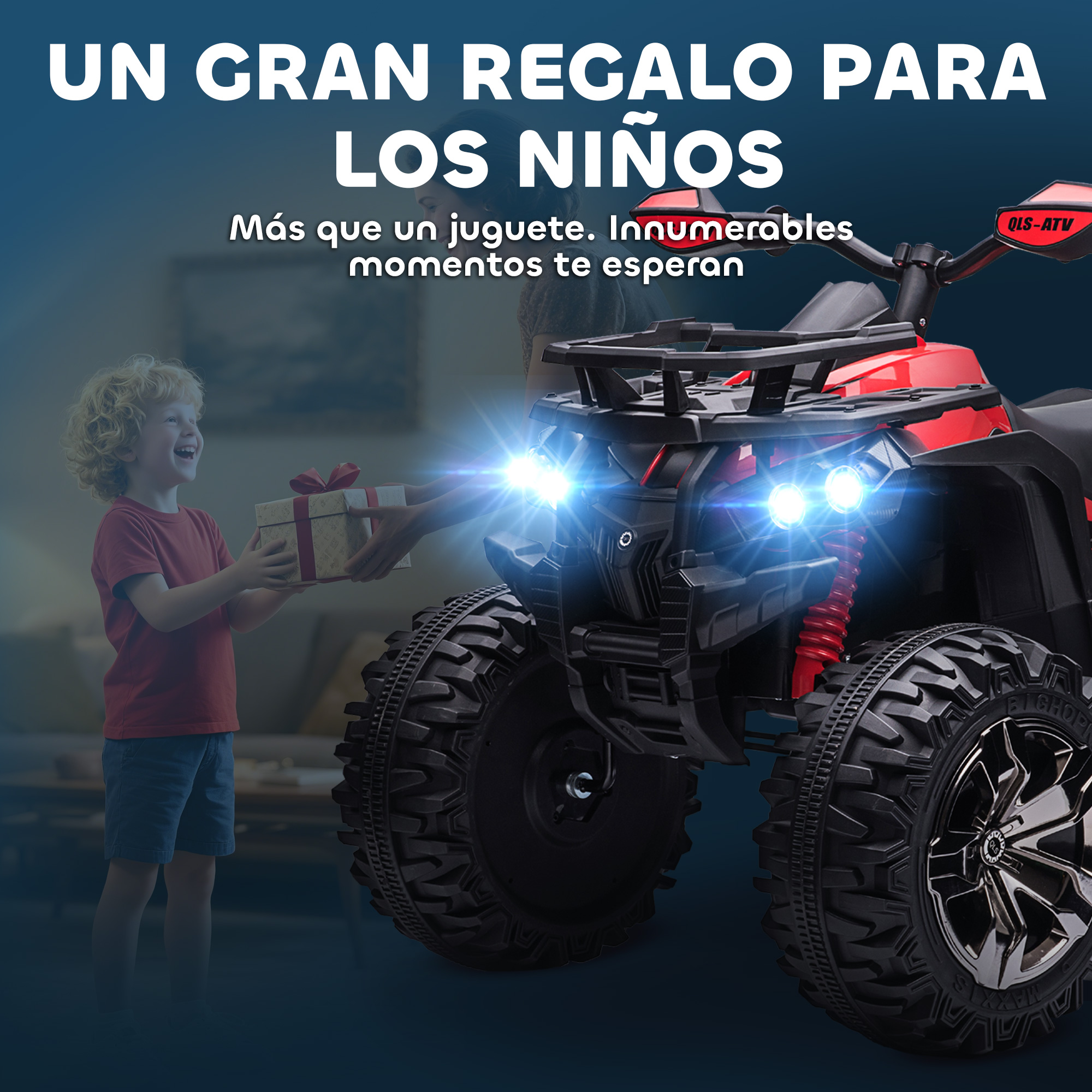 Un niño recibe un regalo junto a un quad de juguete rojo y negro. El texto dice 'Un gran regalo para niños'.