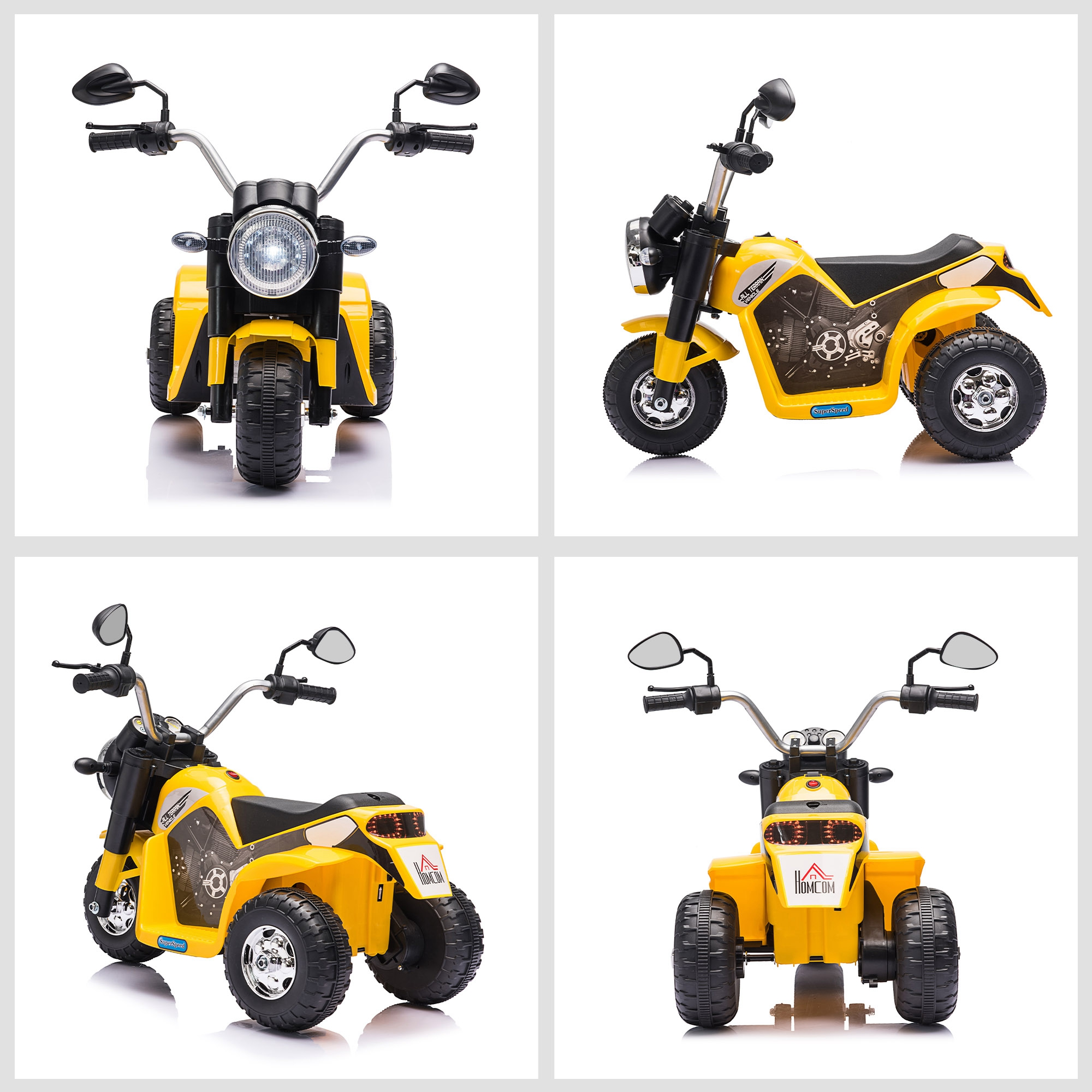 Una motocicleta de juguete amarilla con tres ruedas. Tiene un asiento y manillar negros. El fondo es blanco.