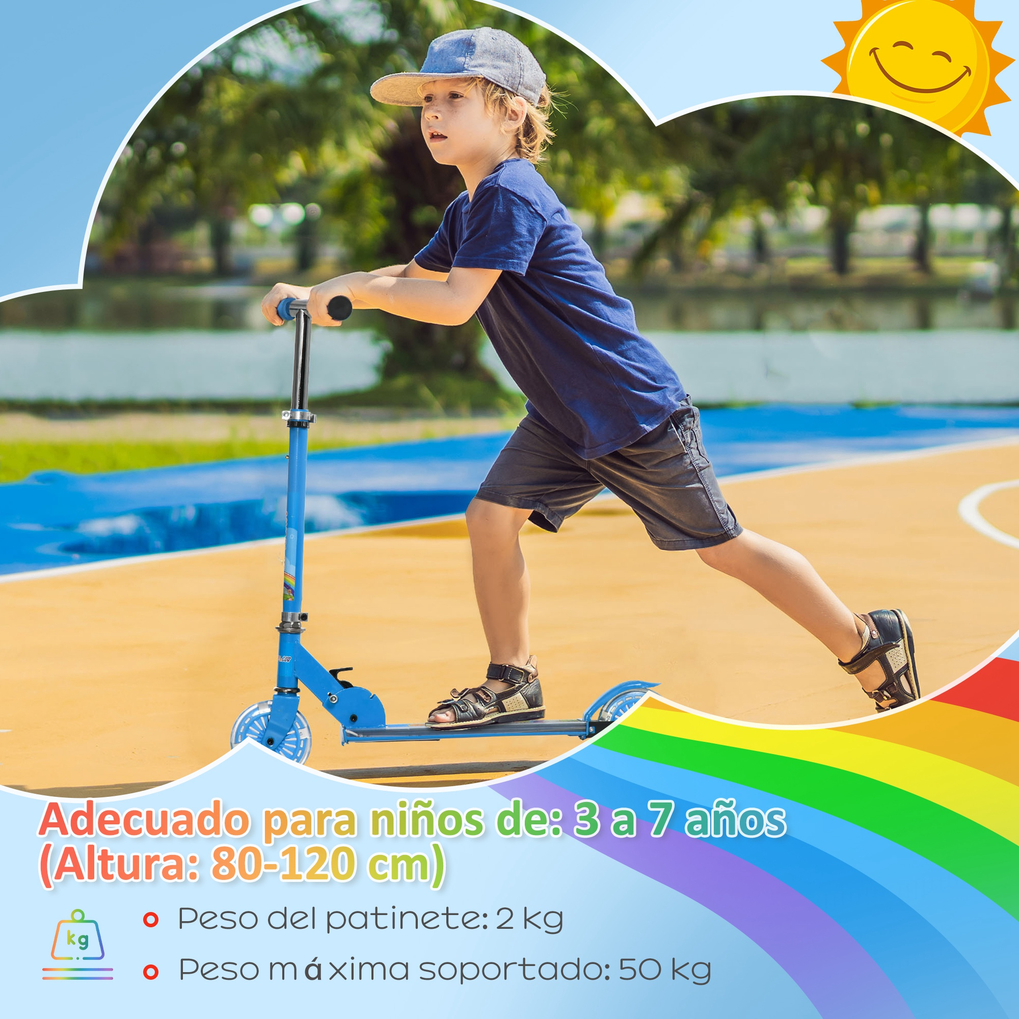 Un niño monta un patinete azul sobre una superficie naranja. Lleva una camisa azul y pantalones cortos.